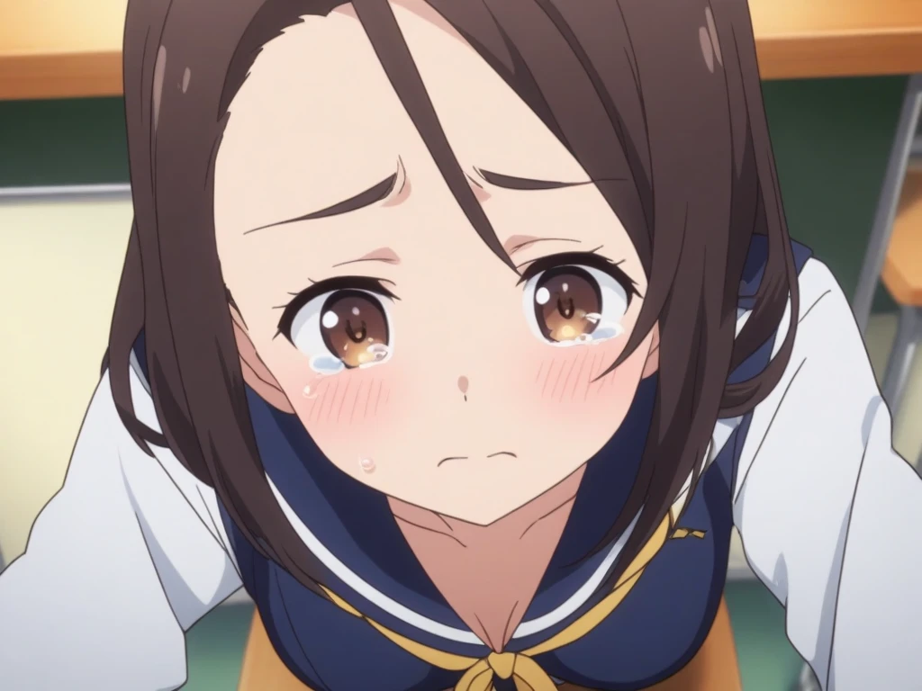 ((masterpiece, best quality)), high resolution,ultra detailed,8k,16k,detailed background, perfect lighting,detailed beautiful eyes, 1girl,nsfw,embarrassed,blush,show off breast,steam,sweat,look at viewer,(deep fellatio:1.4),(deepthroat:1.3),:>=,penis in mouth,oralsex,face focus,(from above,from front:1.2), (pov:1.4),provocative eyes,1boy,1penis,hetero,fisheye lens,tear,,mayaka ibara,brown hair,short bangs,forehead,purple eyes,(small breast,slender),(fair skin,short body),school sailor,class room,pubic hair