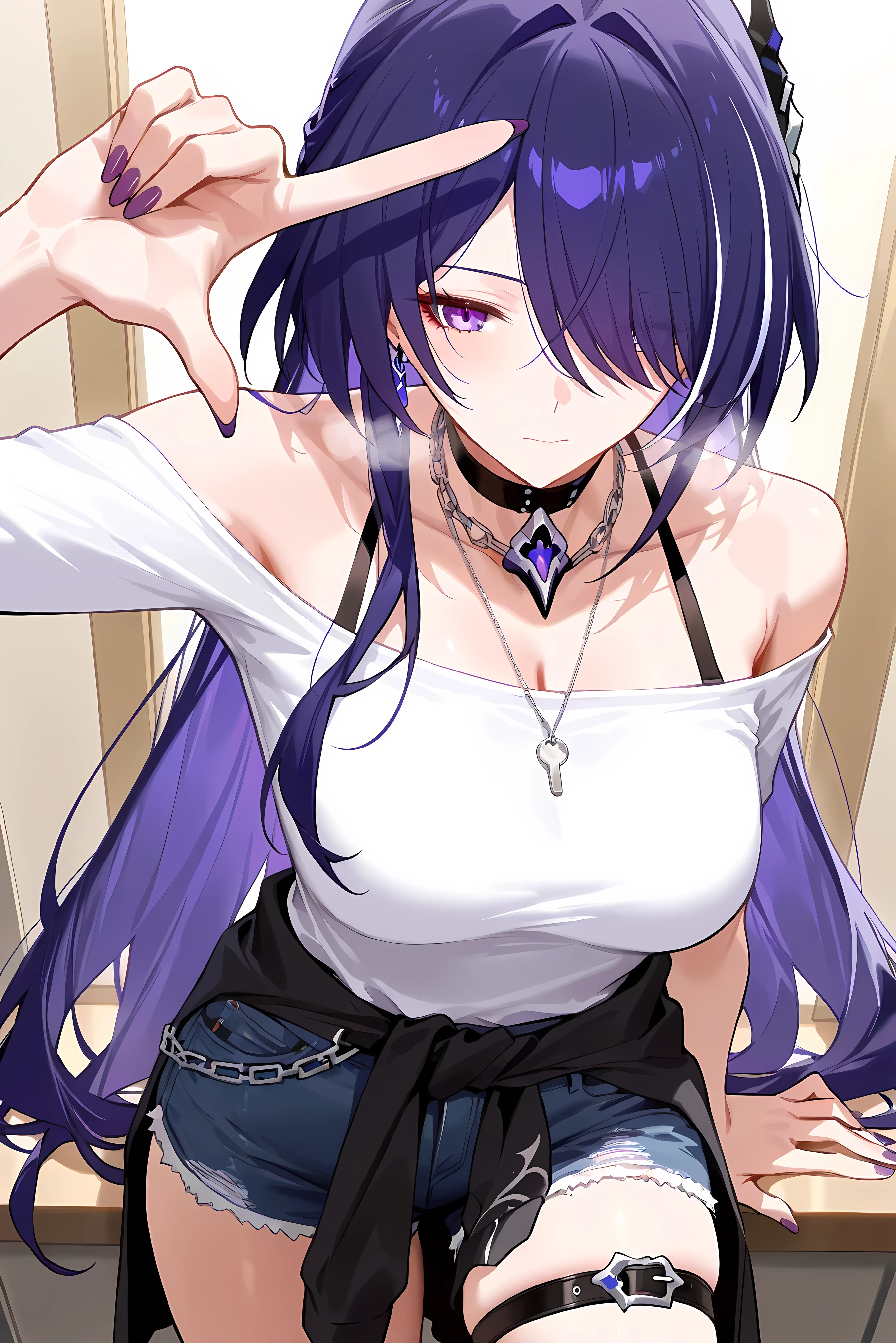 score_9, score_8_up, score_7_up, masterpiece, best quality, very aesthetic, absurdres, tunning image, attractive image, 1girl, adult grown woman, acheron (honkai: star rail), purple hair, hair over one eye, long hair, purple eyes, medium breasts, closed mouth, heavy breathing, masterpiece,best quality,amazing quality, ero404, 5 fingers, purple nails, alternate costume, plane necklace, casual, bra strap, off-shoulder shirt, clothes around waist, short shorts, chain accent, thigh strap, finger frame, nail, 5 fingers