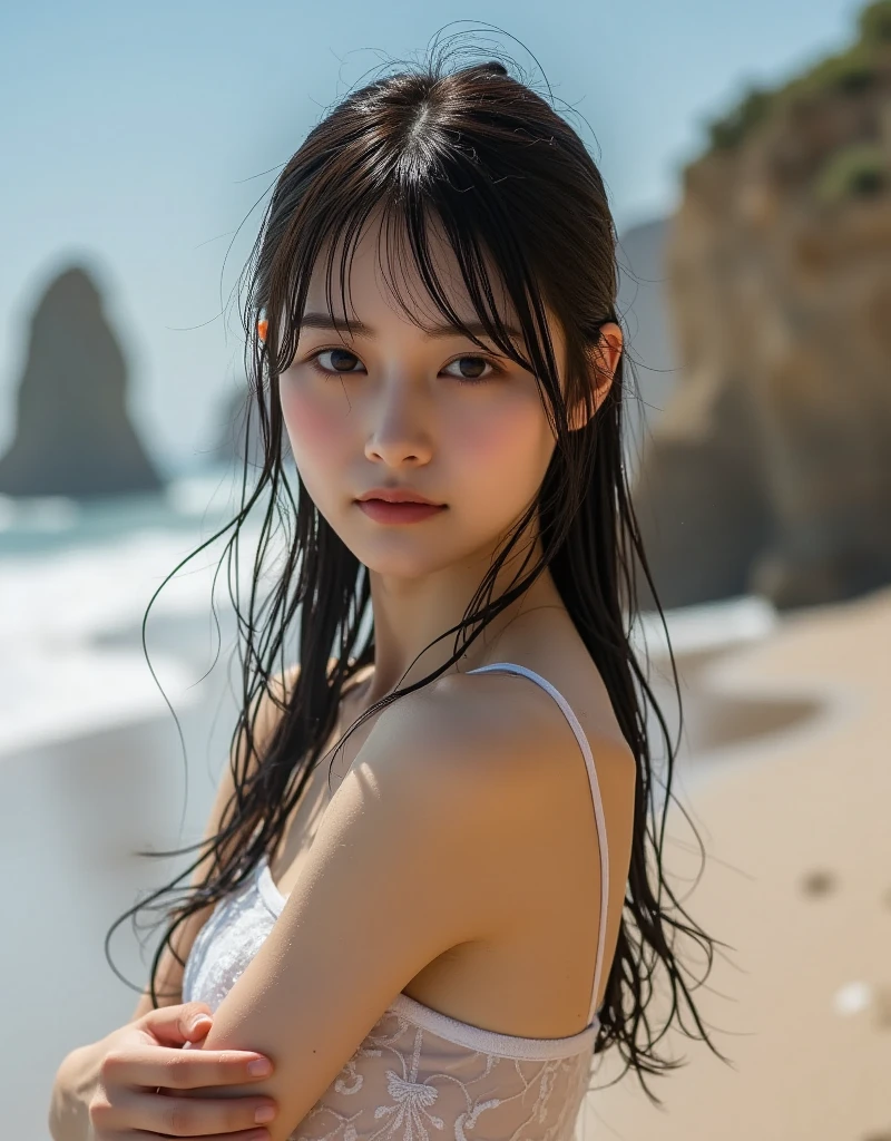 (masterpiece, best quality, beautiful girl, pretty face:1.5), (upper body, bangs:1.2), small waist, (simple background:1.4), beach, (horizon, beautiful sea, sky, sunny day:1.2), bikini, facelight, 8k, official art, raw photo, incredibly absurdres, depth of field, looking at viewer, ultra realistic, highres, photography, film grain, chromatic aberration, sharp focus, bokeh background, dynamic lighting, highest detailed, extreme detailed, ultra detailed, finely detail, extremely detailed eyes and face