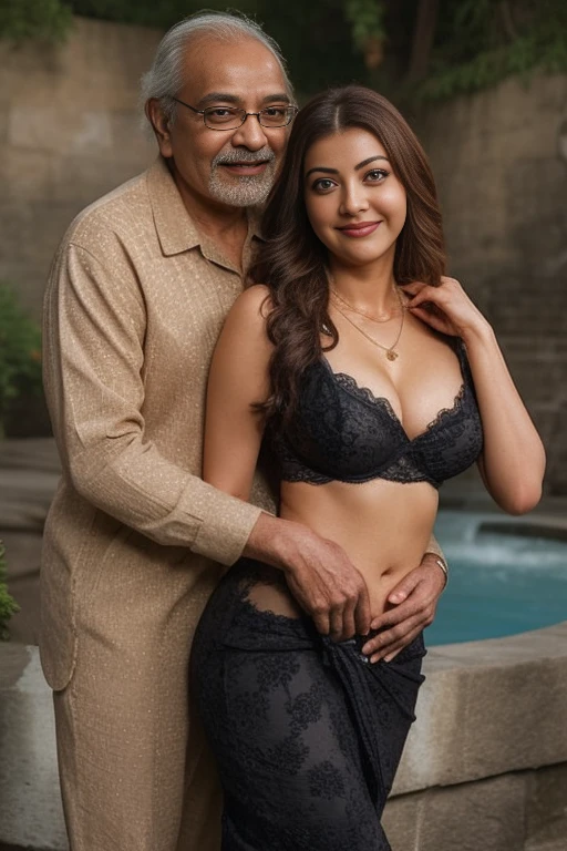 Day scene,kajal and Oldman, Indian black old man, couple pose, a Oldman and kajal in under the water fall, black lace bra and saree, detailed old man, old man gripping kajal waist,big cheeks, curvy, Hollywood lips, wet navel, deep cleavage, necklace, erotic face, 36 yo, ponytail, look at viewer and smile, (cinematic:1.3), intricate details, (ArtStation:1.2),Oldman and beautiful girl posing to viewers, detailed Oldman, old man waist gripping, romantic pose,