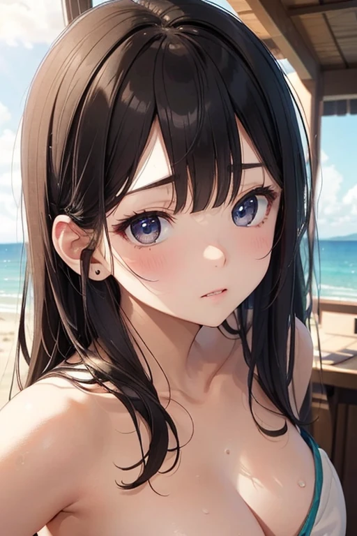 best quality, masterpiece, girl, Dark hair, dark eyes, beach, sun shining, shiny skin, sun flare