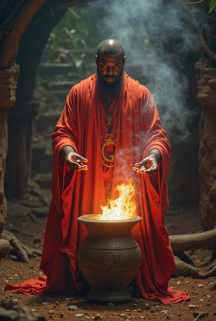 Generate an image of a person standing with open palms, de onde saem chamas de fogo. The flames must be intense and vivid, iluminando a pessoa e o ambiente ao redor. The Environment is a forest clearing at the foot of a mountain, em, frente a uma grande templo. The person must have a determined and powerful facial expression.