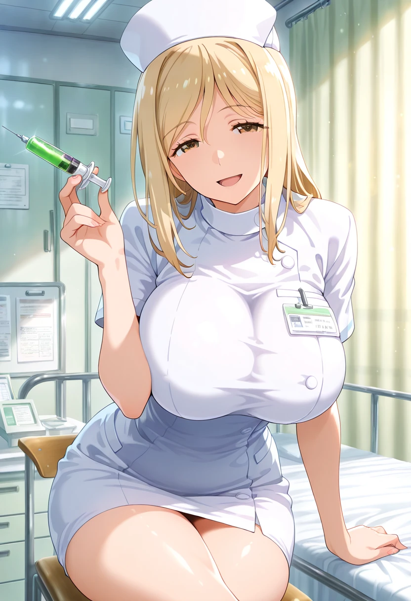 anime artwork, score_9, score_8_up, score_7_up, score_6_up, score_5_up, score_4_up, r,Camie Utsushimi, light brown hair, dark brown eyes,, breasts, , big breasts, , , , she is 24 years old, , ,horny, , , , style_3, , nurse outfit, at hospital, 1boy, she straddling him, pov,close-up