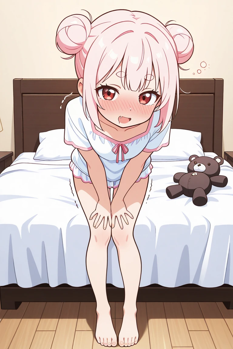 (best quality, highres:1.2), ultra-detailed, realistic:1.37, white short-haired loli tsundere in school uniform, in her bedroom, spreading her legs showing her panties, illustrations, vibrant colors, soft lighting