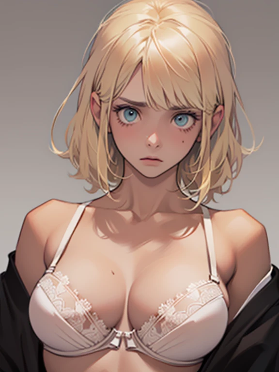 8K、highest quality、、　Around town　the way　Detailed face　　　Embarrassed、、Around town、City、null。red lingerie、BRA、Panties,Blonde