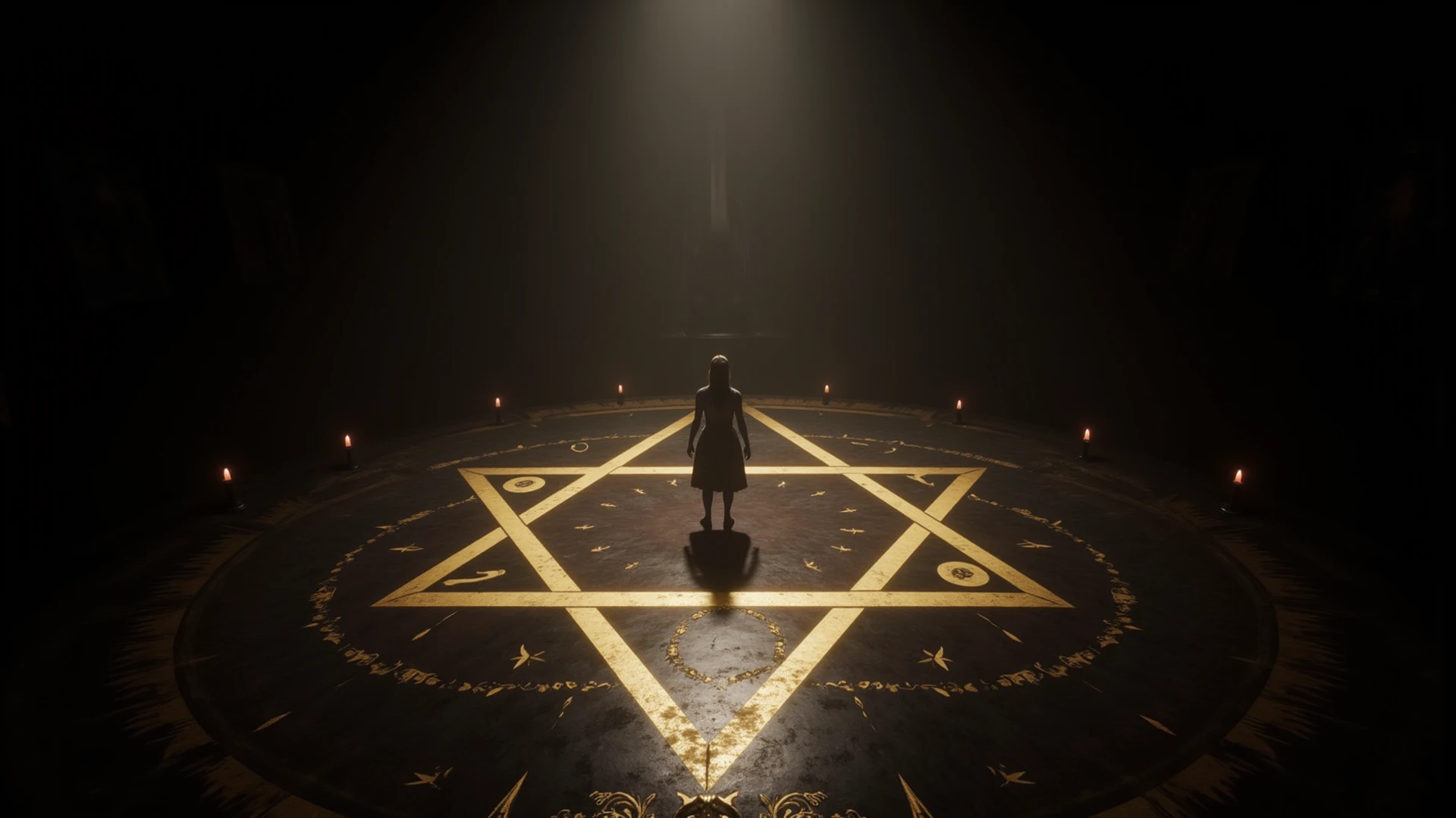 Full body view of an 8 year old girl worshipping Satan in a satanic temple