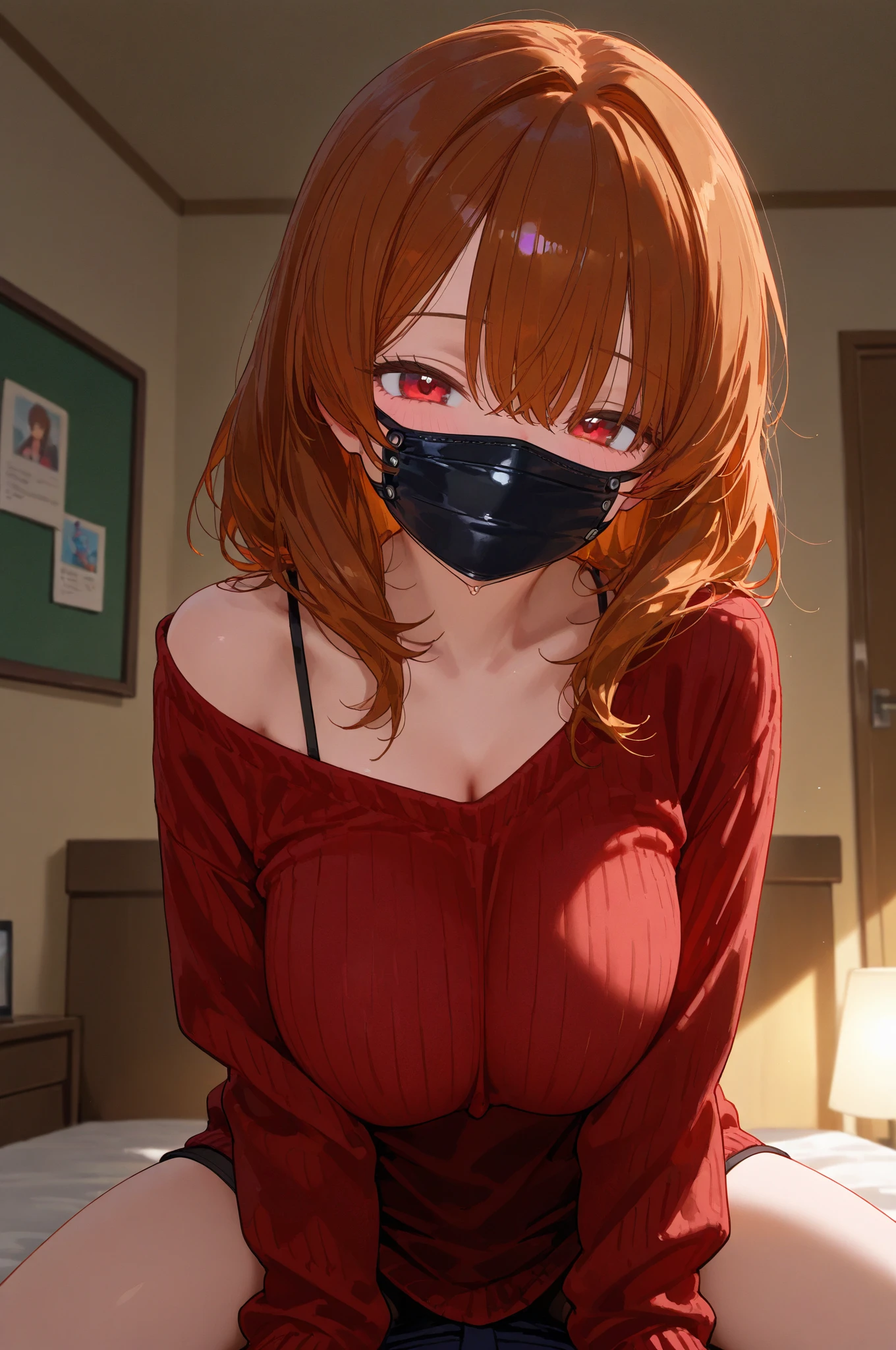 Makima Photos \(Chainsaw Man\) Red hair and yellow eyes、With big breasts and a huge ass、Wearing black micro bikini sitting on bed in luxury hotel room with soft lighting, (Mouth mask:1.4) (Put your arms behind your back:1.5) ,(Strong abdominal muscles), (White skin), (sweating:1.3) ,(Beautiful views),(Perfect Face), masterpiece, blush, One girl, alone, choker, Arms tied, Arms tied, bondage, Bondage, Blindfolded, Blindfold, Eye mask