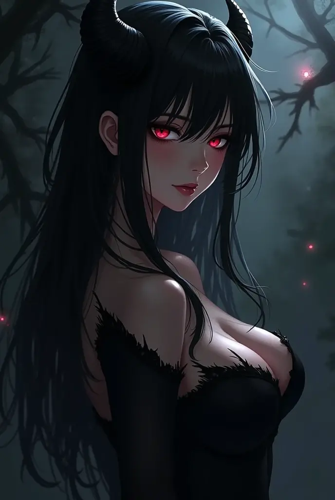(woman): "(sexy young vampire woman standing in a forest(( creepy and scary vampire pose, big vampire fangs)), dirty blood on clothes, firm breasts, glowing red eyes, crop top torn and torn into pieces, can be seen through the torn black tunic that covers 30% of the body, very thin and light black tunic, breasts can be seen, long hair, black hair, navel, medium and firm breasts, 1 vampire girl looking (16 years old), bangs, bright pupils, blood around the mouth, inviting gesture, hungry expression,
(symmetric face), (detailed outfit), (placing hand on chest), hair curly, pale skin, sacred symbol
(background): outdoors, forest, trees, nature, (((fog)))), (dangerous environment)
(effects): (masterpiece), (best quality), (sharp focus), (depth of field), (high resolution), ((all intricate and realistic details)), nsfw, sin censura