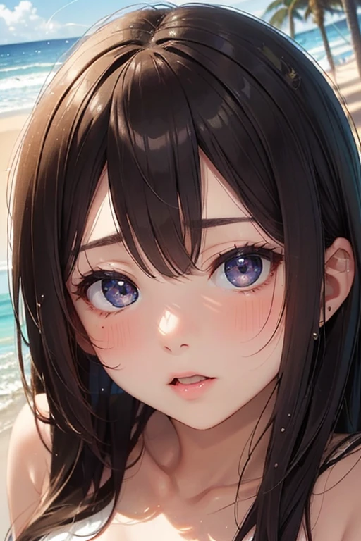 masterpiece, High resolution, perfect face, beauty of japan, 30 years old, beautiful face, beach, light purple bikini, embarrassed look, look at the camera, top quality eyes, detailed texture, look at me, little, Married woman, cool women, high resolution eyes, black hair, tits job