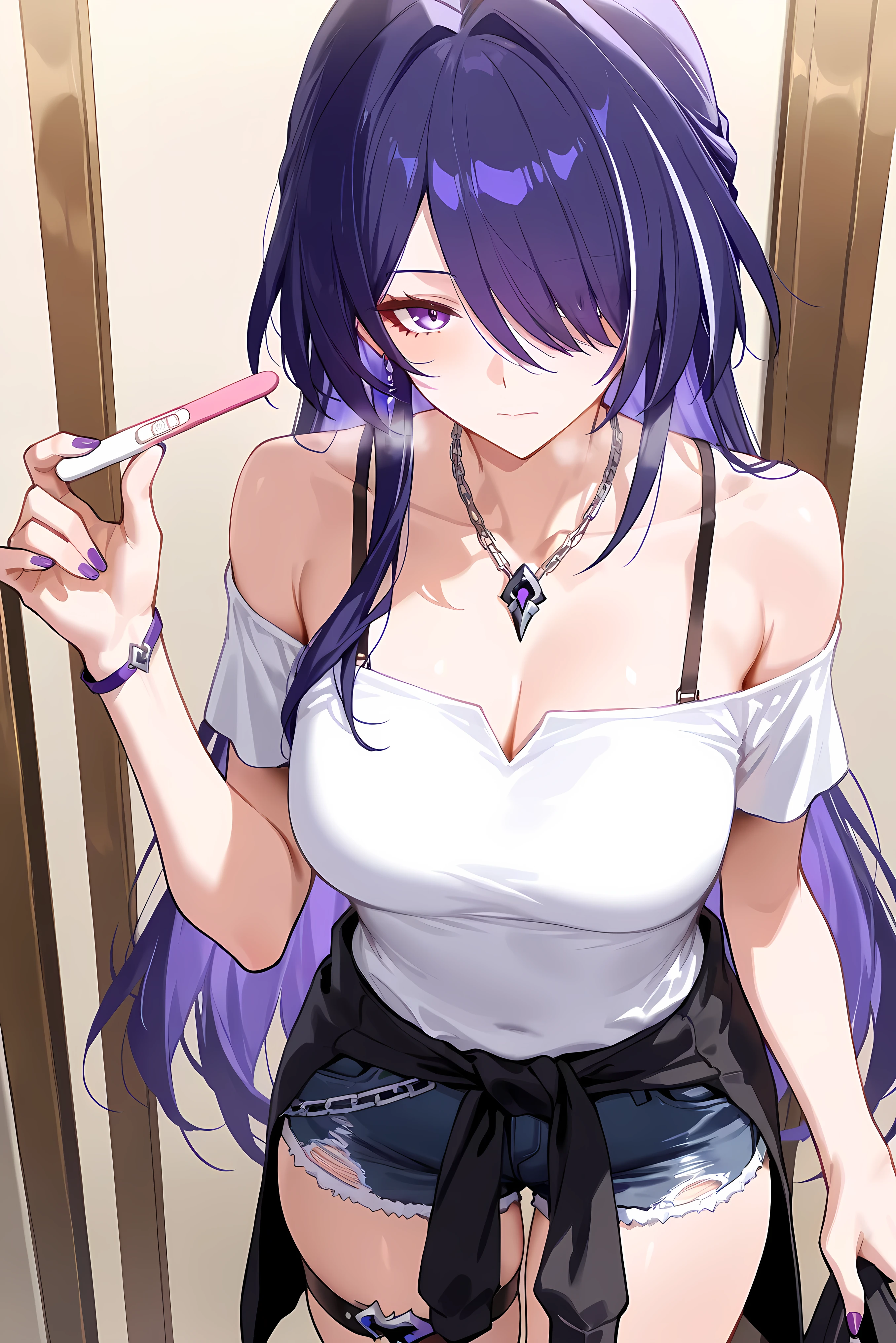 Detailed face, Long eyelashes, Detailed eyes, Light purple hair,(Straight hair: 1.ink eyes: 1.3), , cleavage, Slim, Angle from Above,, Girls' bedroom, Morning,Lie down in bed, Extend your hands above your head, Pleasant, Sweat,A brown popsicle bites into your mouth,Large popsicleig, thick popsiclee red in the face,Tears in her eyes,There is a lot of rich white fluid on the face and chest,There are a lot of water droplets in the chest,nabel,wearing white lace lingerie