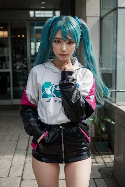 Anime girl with blue hair, wolf ears, tail, and small bat wings. Wears a purple beanie, face mask, black jacket, pants, boots. Blue eyes, headset on left ear, making a peace sign.