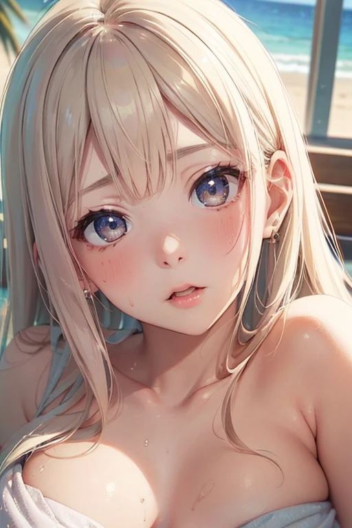 blonde, short hair, girl1, in the Poolside, upper body, completely nude, (small nipples:1.2), (small areolas:1.2), kawaii, cute, pale purple eyes,