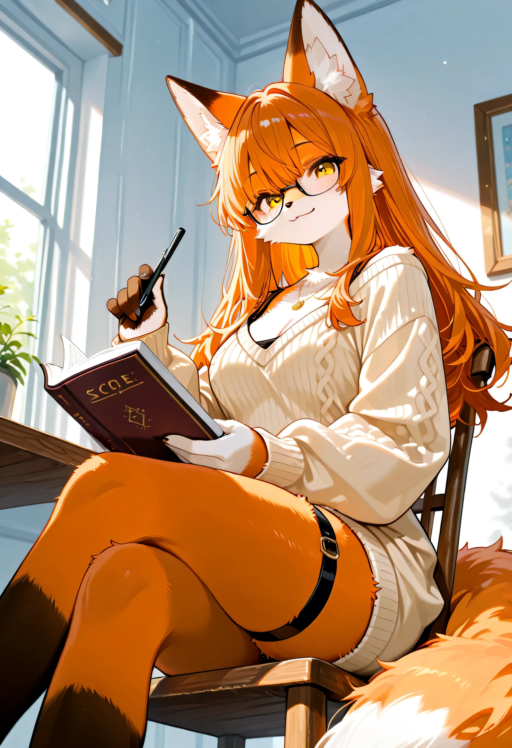 score_9, score_8_up, score_7_up, score_6_up, 1 girl, solo, low angle shot, anthro, female, fox, orange fur, long fluffy fox tail, yellow eyes, long auburn hair, medium breasts, cleavage, wearing (stylish clothings, comfy shoulder crop-off sweater, necklace, thigh strap, glasses), cute sweet smile, looking at viewer, holding a book in hand, sitting on a wooden chair, side eyeing viewer