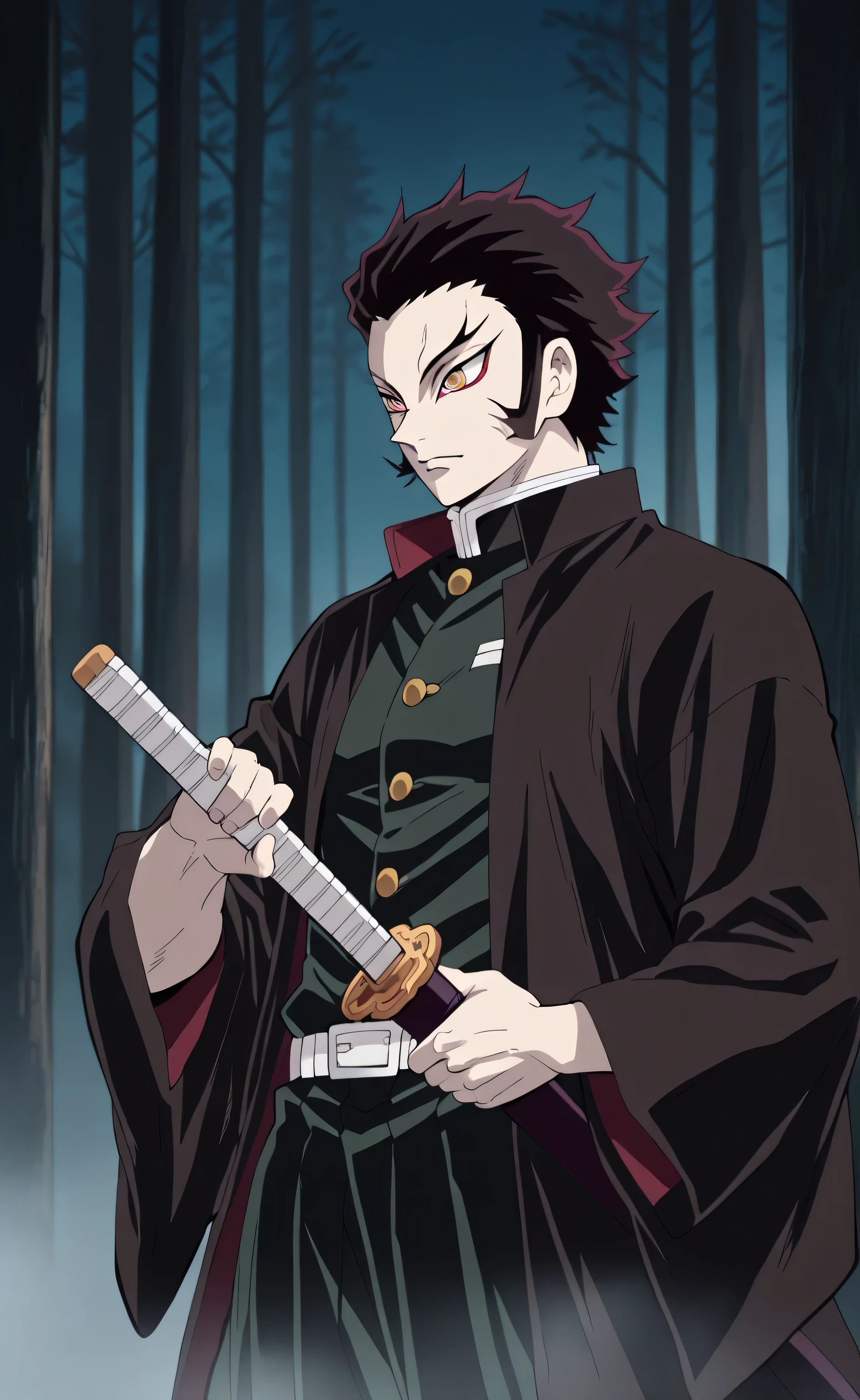 1male,solo,Dracule Mihawk,black hair,short hair,slicked-back hair,yellow eyes,eagles eyes, Gakuran,black haori,muscle,black 1Katina,Unsheathing,forest ,fog,night,Kimetsu no Yaiba,