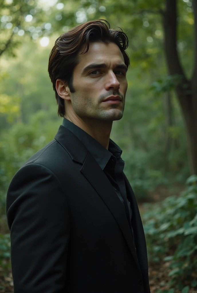 Aidan, Sam Witwer, Teen Wolf, 40 years old, short messy black hair, slim muscular build, blue eyes, black dress jacket, dark blue shirt, navy blue tie, black pants, black belt, black dress shoes, red sword pendant, forest background with fog