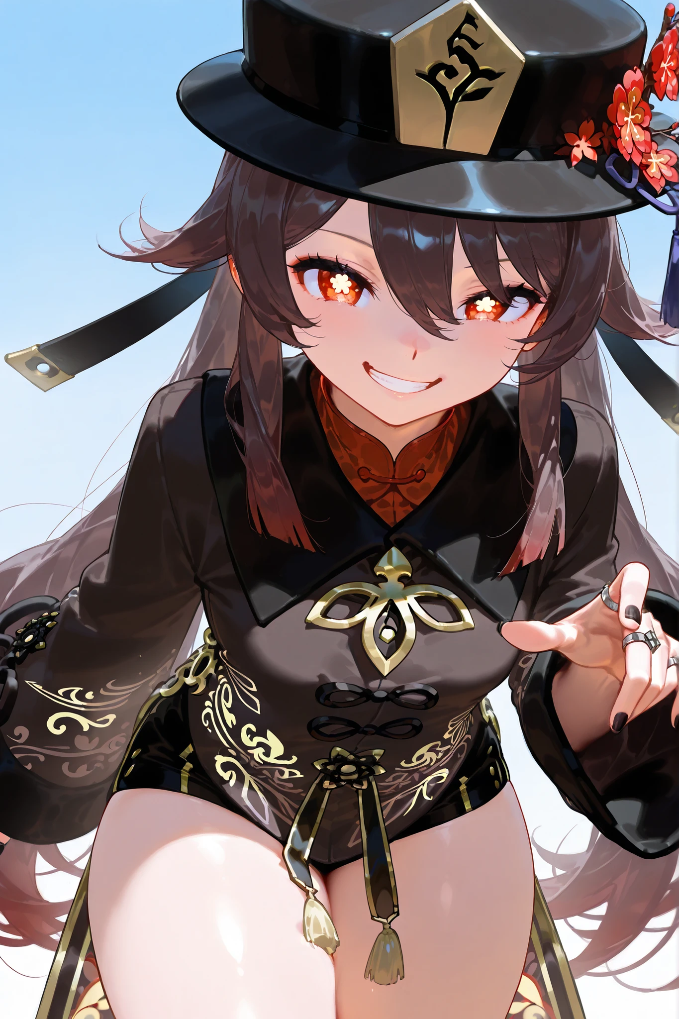 hu tao, mischivious smile, thick thighs, small breasts, teasing viewer, grin, short, small breasts