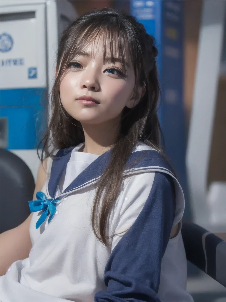 (Realistic, Photorealsitic:1.37), (masutepiece), (Best Quality:1.4),(超A high resolution:1.2),(Raw photo:1.2), (Sharp Focus:1.3),((( and chibi  6 year old girl with a very young face:1.4)))、(Cute:1.1), (( close up:1.2)), One teenage girl wears high detail(Short sleeve white uniform with sailor collar, Dark blue pleated :1.35),((Sexy Lace :1.2)), (High School Girl:1.1), (Evil smile:1.3),(High twin tails with ribbons:1.4), BREAK (medium breasts:1.1), Scenery, (Train,Interior background of the train:1.25),Sit on the edge of a train bench seat and lean back,(((:1.4))), (gargantuan butt:0.6), From below, Bangs, Beautiful high detailed round eyes with highlights, looking up viewer, highlydetailed skin,