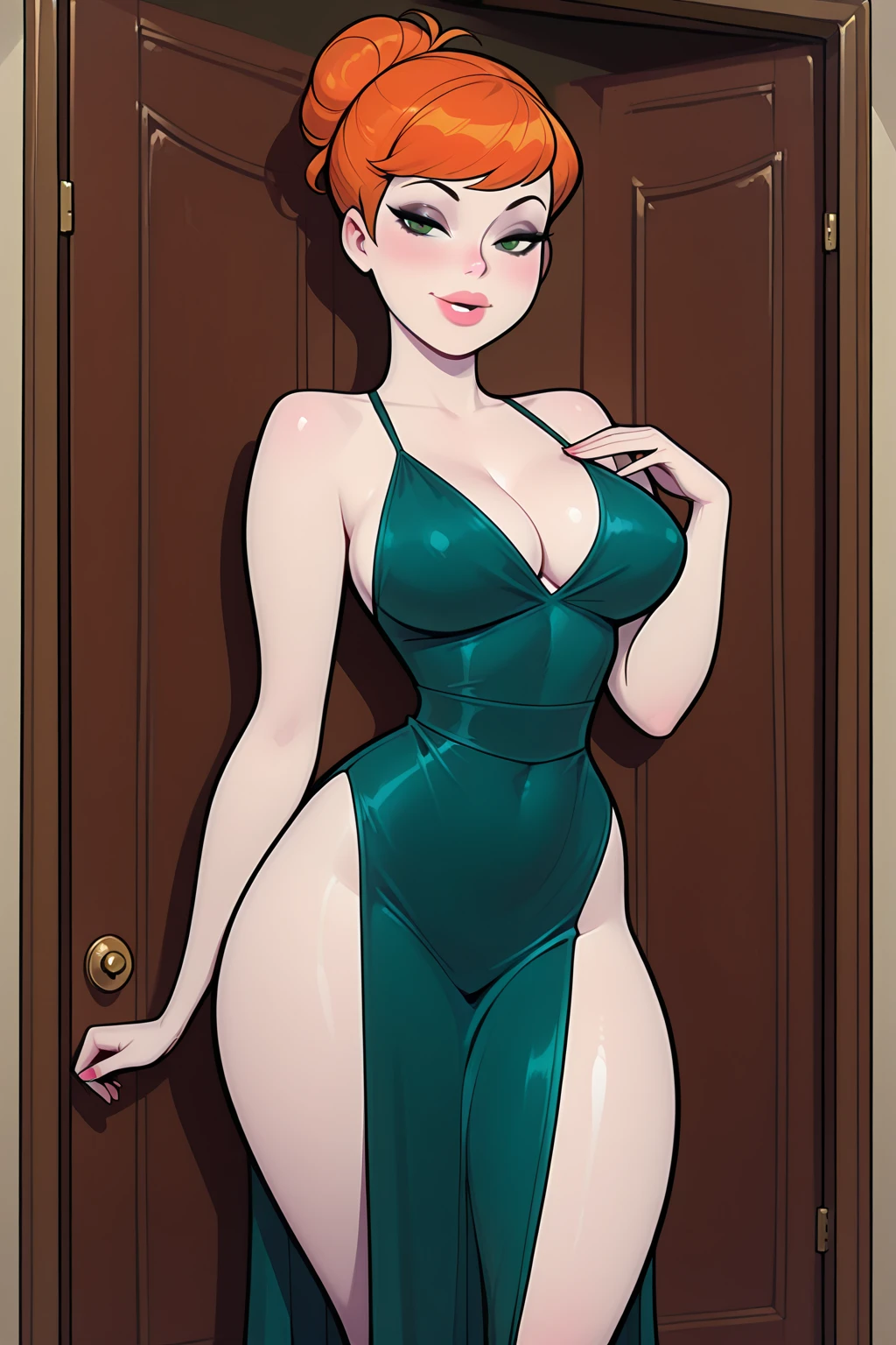 (Realisitc:1.5), (masterpiece, best quality:1.2), mature female, MissTonitini, cleavage, makeup, green lipstick, eyeshadow, large breasts, green dress, bob cut, restaurant <lora:MissTonitini:0.8>