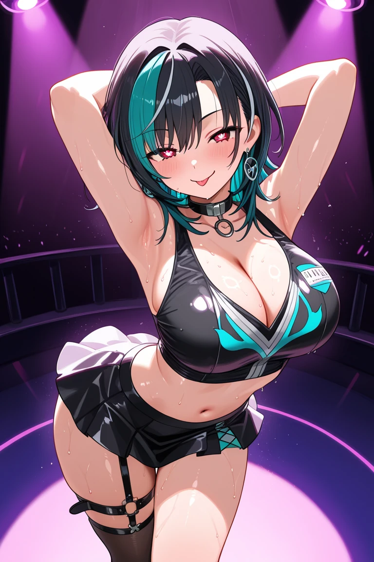 Girl,(( big tits)), ((hips)), ((thighs)), ((perfect body)), sexy, mini shorts, ((neon lights)), music, legs, (((neon))), lights, high quality, ((dancing)), ponytail with bangs hair style, Asian