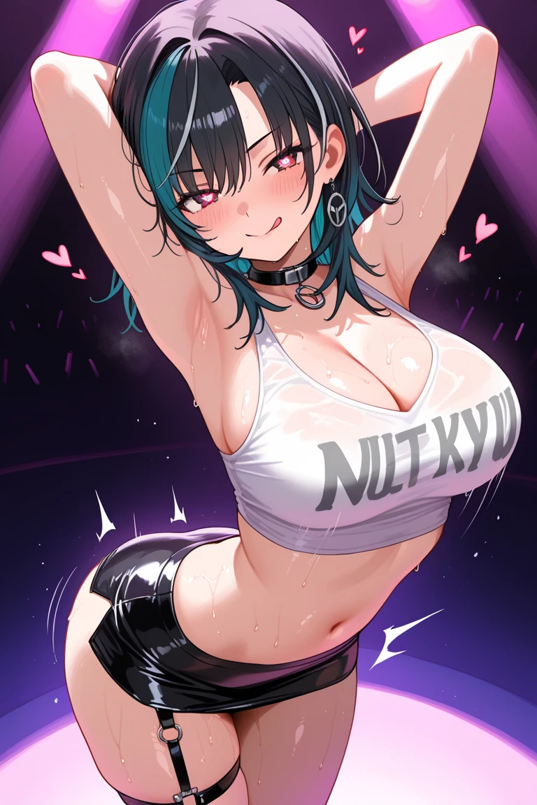 masterpiece, best quality, highres, seraphine1, 1girl, solo, blue hair, k/da \(league of legends\), very long hair, multicolored hair, jewelry, ponytail, blue eyes, earrings, dress, black choker, two tom hair, purple hair, black thighs, bracelet, black skirt, crystal, large breasts, on stage, waving, nsfw, topless, (((micro-bikini)))), (((shy)), ((blush)), (((ahegao))), fans on the side, fan on stage,  ((((drooling)))), men surrounding, men pulling her clothes,