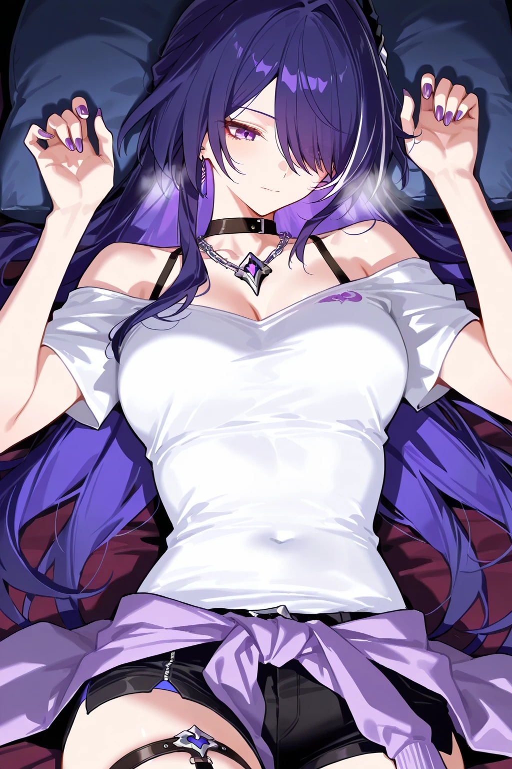(masterpiece:1.37), best quality, (extremely detailed:1.37) woman, (very long hair:1.5), dark purple hair, purple eyes, (extremely detailed eyes:1.37), crop top, cleavage, navel, (tight jeans:1.5), (wetting:2.0), bed, her hands are tied to the headboard, (on back:1.5)