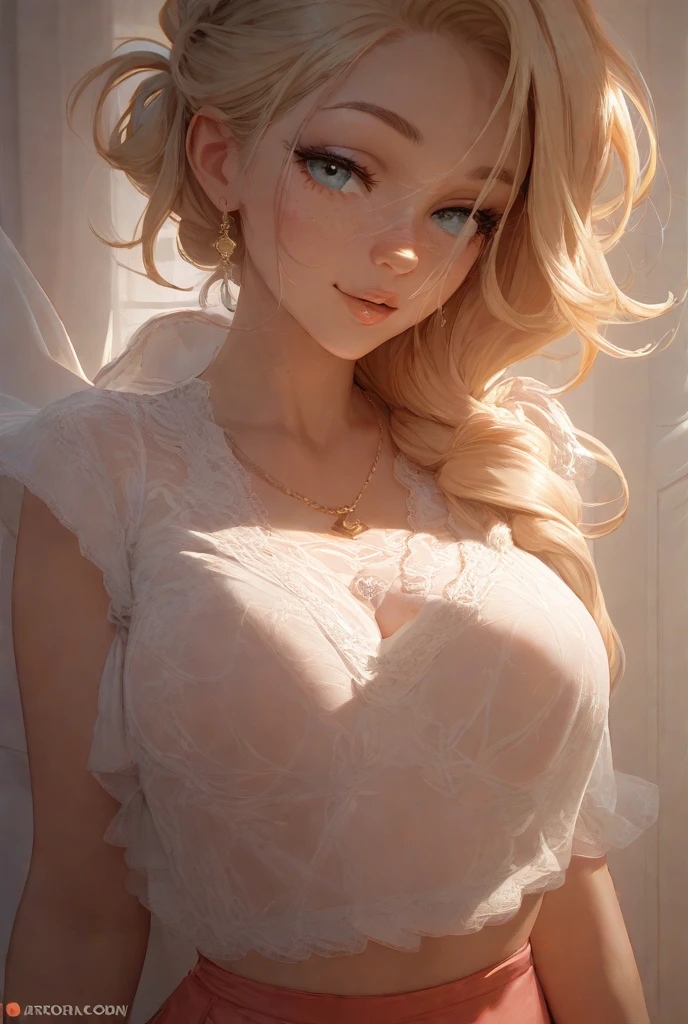 (best quality, ultra-detailed, photorealistic: 1.39), bright and vibrant colors, studio lighting, romantic expression, seductive elegant dress, strapless, not vulgar, elegant makeup, long blonder hair flowing in the wind, attractive eyes, lips bright, sexy pose, beautiful roses, smiling confidently and seductively, posing for a professional photo shoot, shallow depth of field, soft natural lighting, creating a dreamy and magical atmosphere.