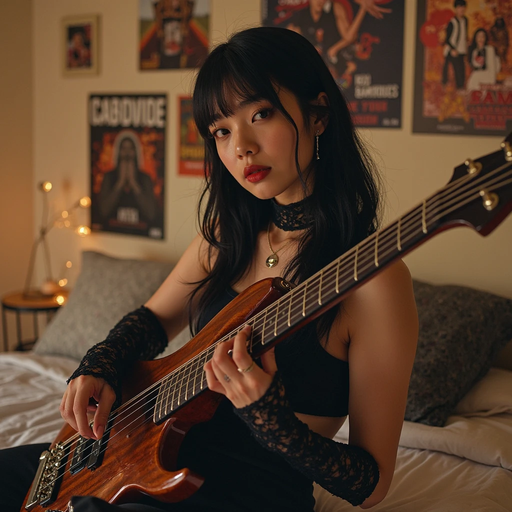 Uma bruxa tocando uma guitarra com uma roupa vermelha, cabelo curto preto, Arte fantasia, Arte realista, 4k, arte detalhada