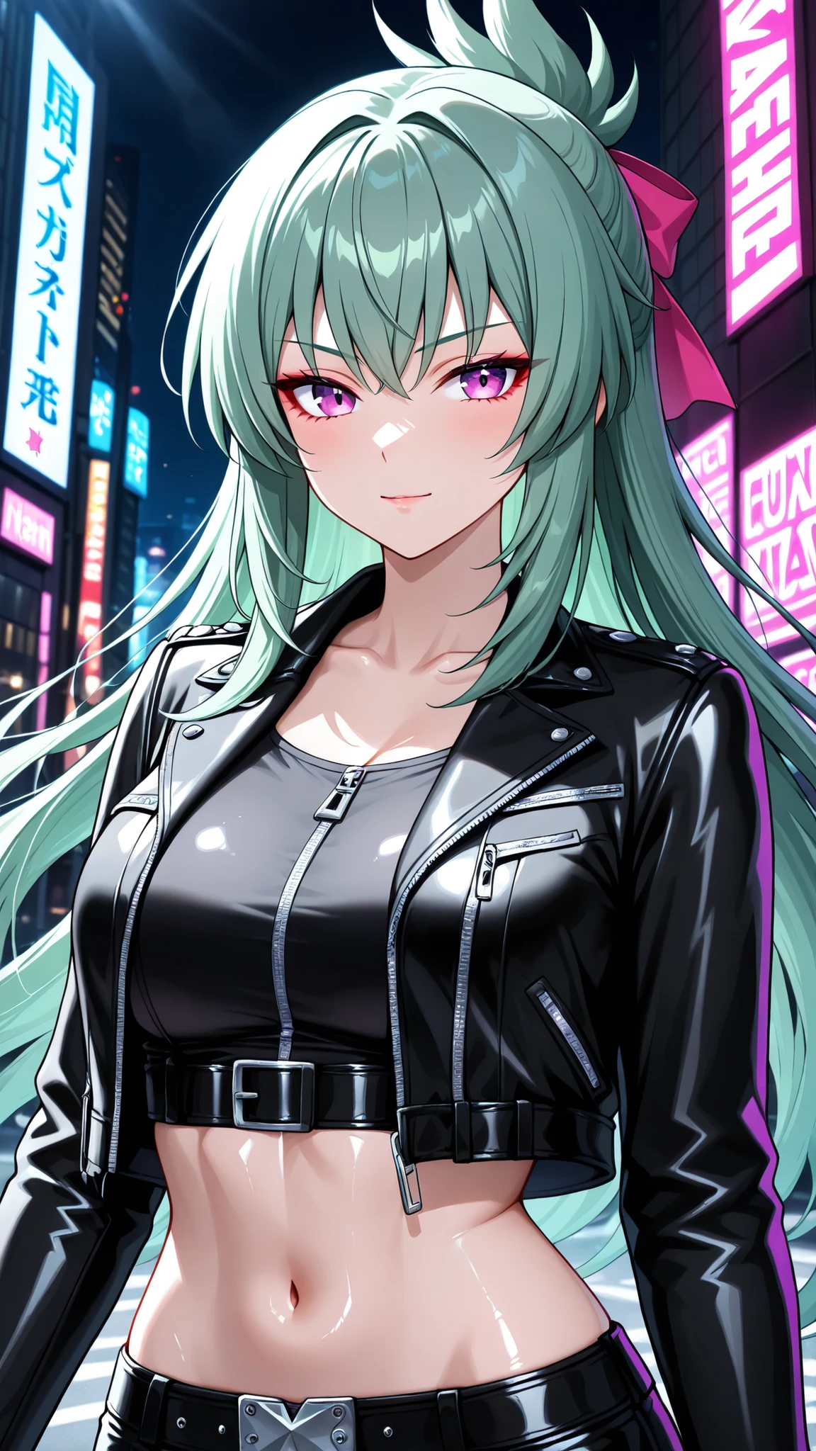 solo, kanzaki_saya,  Green hair, long hair, mature woman, Tight waist、Small waist、shiny Skin ,  (upper body),  standing, wearing a black leather biker jacket (shiny, long sleeves, diagonal zipper, silver hardware, Navel exposed,belt), night city background , blue and purple neon lights reflecting on the jacket, detailed, sharp lineart, high resolution, beautiful lighting, confident expression,