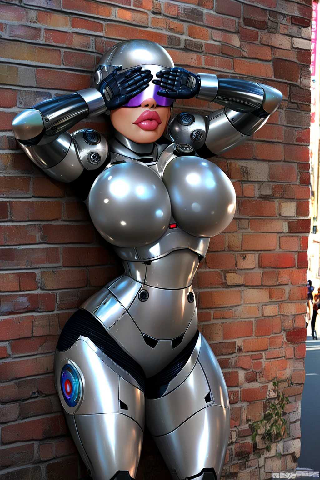 Pinup of a Doctor Who Cyberman by Hajime Sorayama, 1960's London street scene in background, face completely covered by Cyberman helmet
