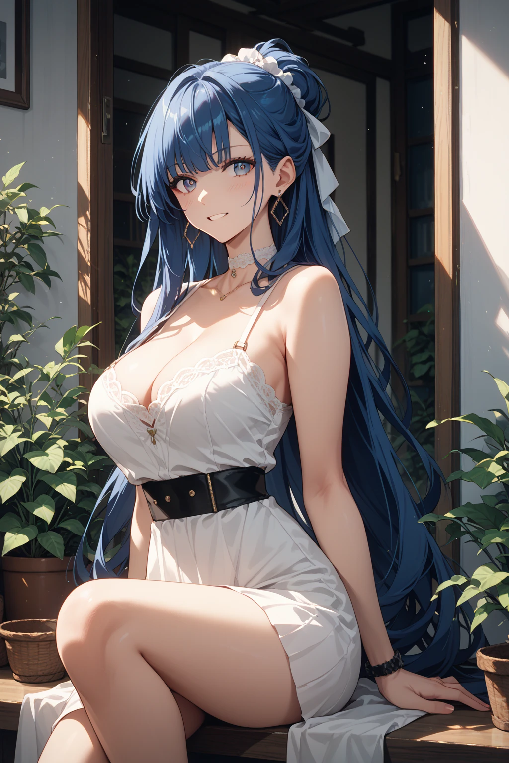 Anime, female, light blue hairs, yellow eyes, long hair, massive boobs, short dress, thigh, bare shoulder, collarbone, sitting, looking at viewer, in building