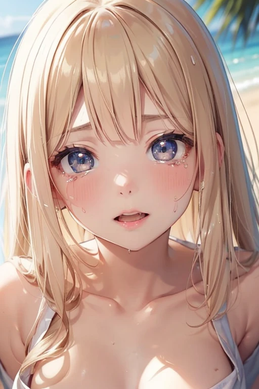Highest quality、super high quality、16K, Delicious big breasts、Upper Body、The face is smiling and has tongue out, The outfit is a bikini、The location is the beach、 Palm tree、cloud、The pose is with tongue out、 Hair color is random、Hair length is short、The angle is from the side、Close-up shot of the subject、Small face、Very delicate facial expressions、Delicate eye depiction、Highly detailed hair、Erotic、18-year-old female、Glowing Skin、Soft Skin、
