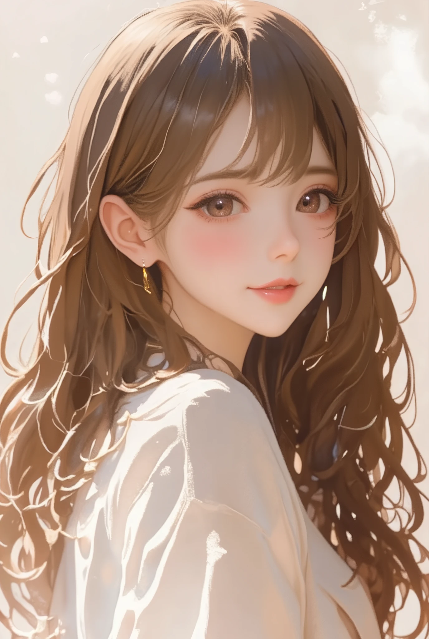 A girl with long wavy and flowing brown hair, brown eyes, sharp features, white skin, lip gloss, beautiful, perfect, wearing a sweater, accurate and detailed art, bright colors, high quality resolution .