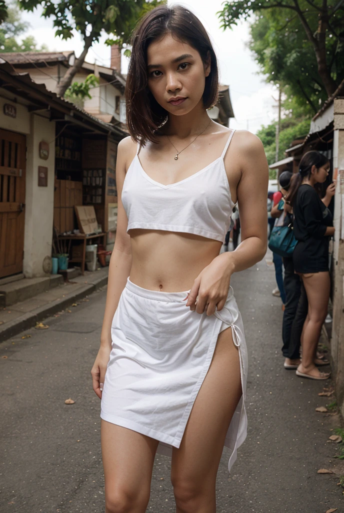 Beautiful girl, half Thai-Vietnamese Wears a dress, slim figure, small breasts, long, shaggy hair, wears a cap, has pointed fangs.