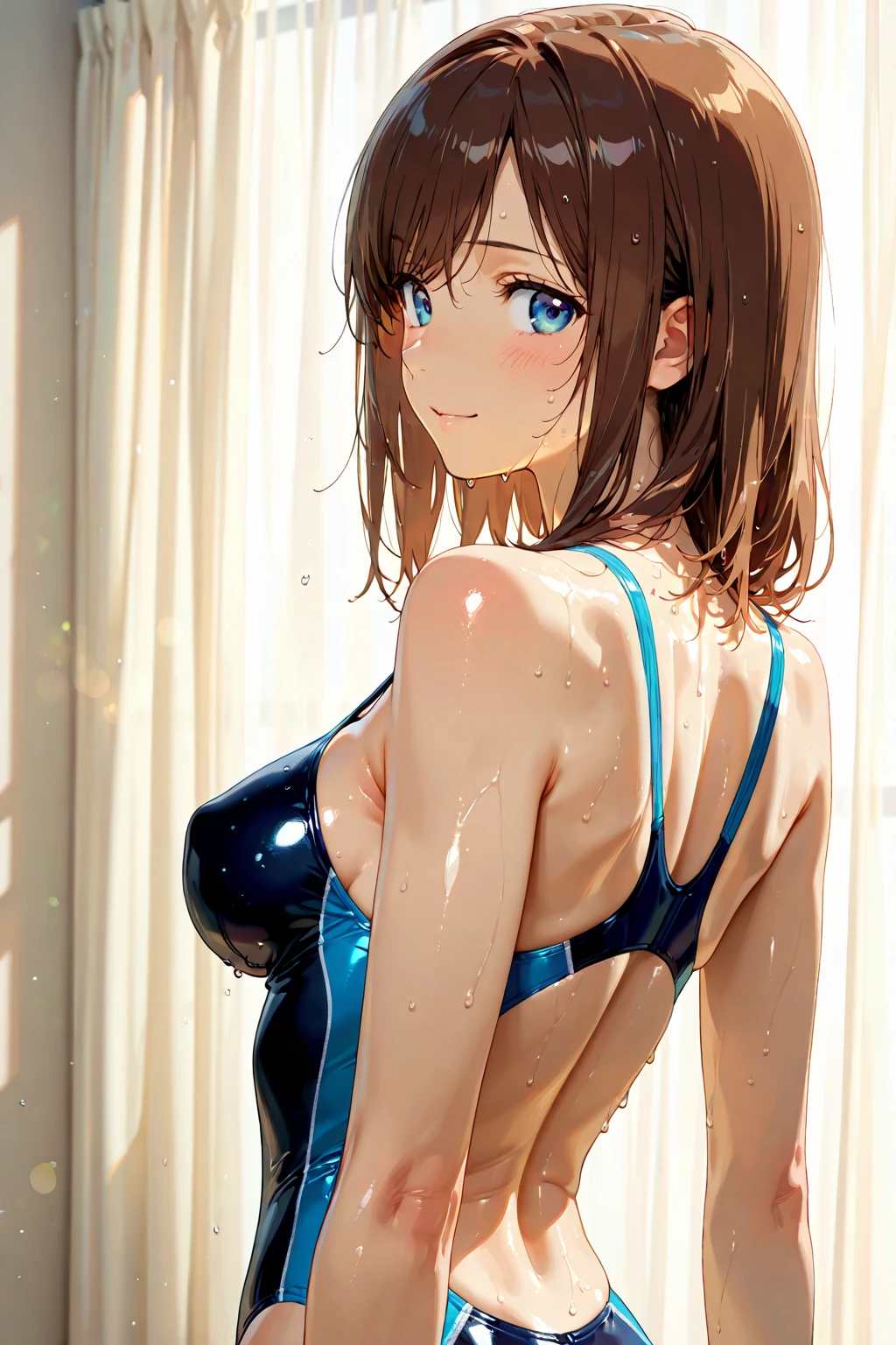 Realistis, 1girll, parted lip, Blushlush, putting makeup on, slim, Perfect body, Shallow smile bedroom background , wetclothes, with light glowing, upper legs, eBlue eyes, exposed bare shoulders, 鎖骨, a narrow waist, rays of sunshine, rays of sunshine, rosette, ventania,, (tmasterpiece), sweat leggs,1个Giant Breast Girl, Brown hair,short detailed hair,eBlue eyes,full bodyesbian,Wearing black transparent dress with translucent cloth, V-chest clothes, see-through cloth, flowing salmon silk, translucent silky dress, flowing magical flesh robe, translucent cleavage dress, Sexy lingerie camisole, silky garment, flowing pink silk, Draped in flowing fabric, flowy fabric,(tmasterpiece, Best quality at best, high qulity, A high resolution, ultra - detailed)