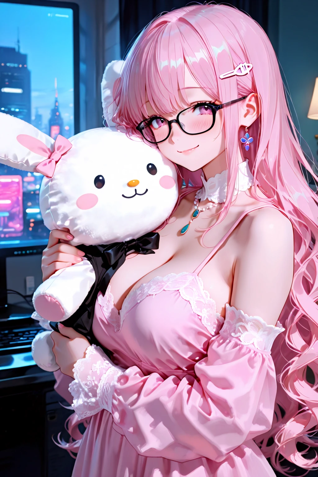 glasses, pink air, pink stripes lace lingerie, sexy pose, big breasts, smile, pink witch hat, pigtails, cat tail
