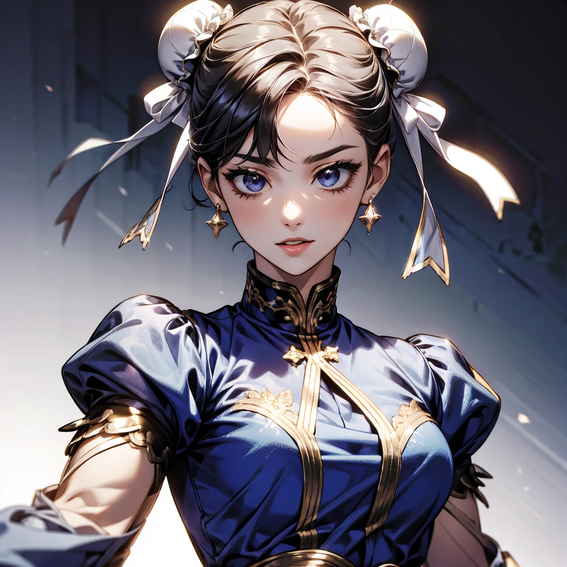 solo, low lighting, chun li masterpiece, best quality, agrias, grey sweater, black leotard, standing, looking at viewer, black hair,angry,smile,sunset
