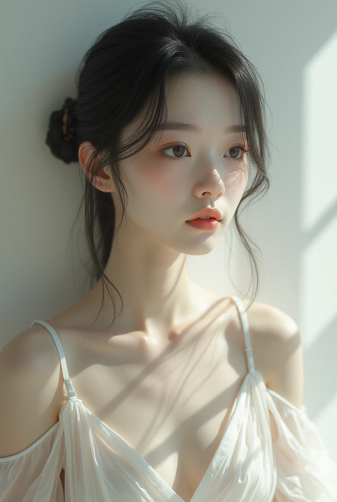 Best image quality, Masterpiece Level, Ultra-high resolution, realism, Fantasy theme, Chest close-up, A girl, Disappearing transparent pants,Get detailed interior lighting and illumination, Increase overall ambient light detail, Face and eye details, Improve Face Detail realism, Sharp focus, Sobbing, Mouthpiece, frown, Bright Eyes, Simple background, Sony Master Lens.