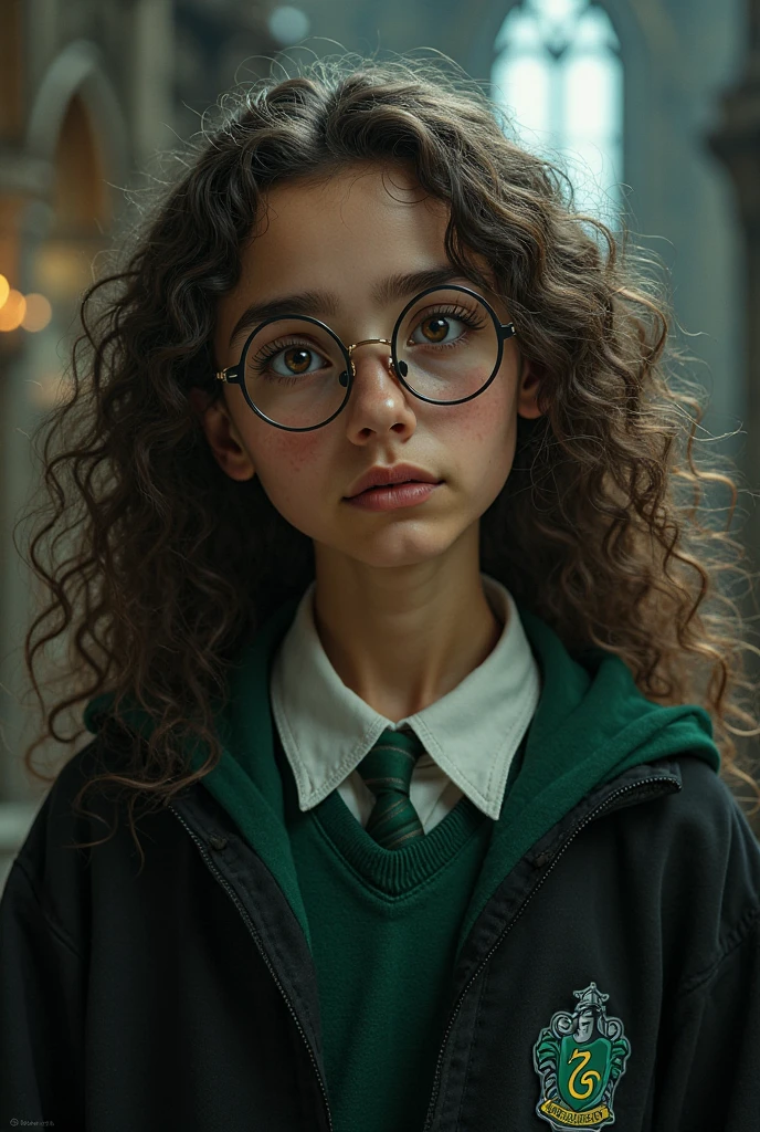Realistic photo of a 10-year-old girl of European appearance, slightly curly brown thick hair below the shoulder blades(to the middle of the back); Large shiny dark brown eyes, long eyelashes, eyeglasses(The natural shine of glasses), thick eyebrows, Serious, хмурая, A bored look, looks at the camera from under his eyebrows(a slight tilt of the head forward and down), In the look you can read the desire to leave here; Realistic form of the Hogwarts School of Magic, Slytherin Faculty(green and silver colors, striped tie)( Realistic believable costume, Hogwarts Student's Mantle); Without cosmetics, Unadorned; Straight posture(Photography for documents), sits directly on camera, Direct view(full face); Professional studio photography with a film SLR camera("Zorkiy-4"), (passport photo), hight resolution, Natural Realistic Detailed Skin Texture, natural lightin, 8K, Texture of the photo card, Maximum photorealism