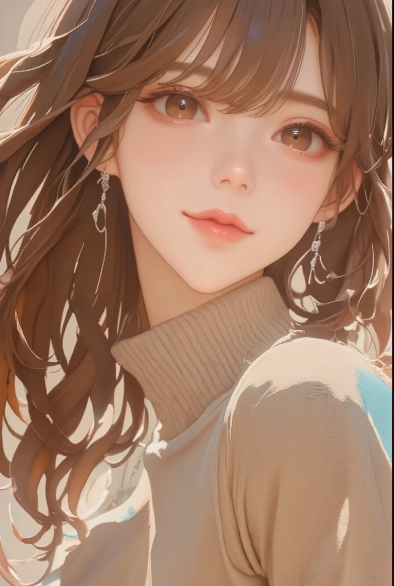 A girl with long wavy and flowing brown hair, brown eyes, sharp features, white skin, lip gloss, beautiful, perfect, wearing a sweater, accurate and detailed art, bright colors, high quality resolution .