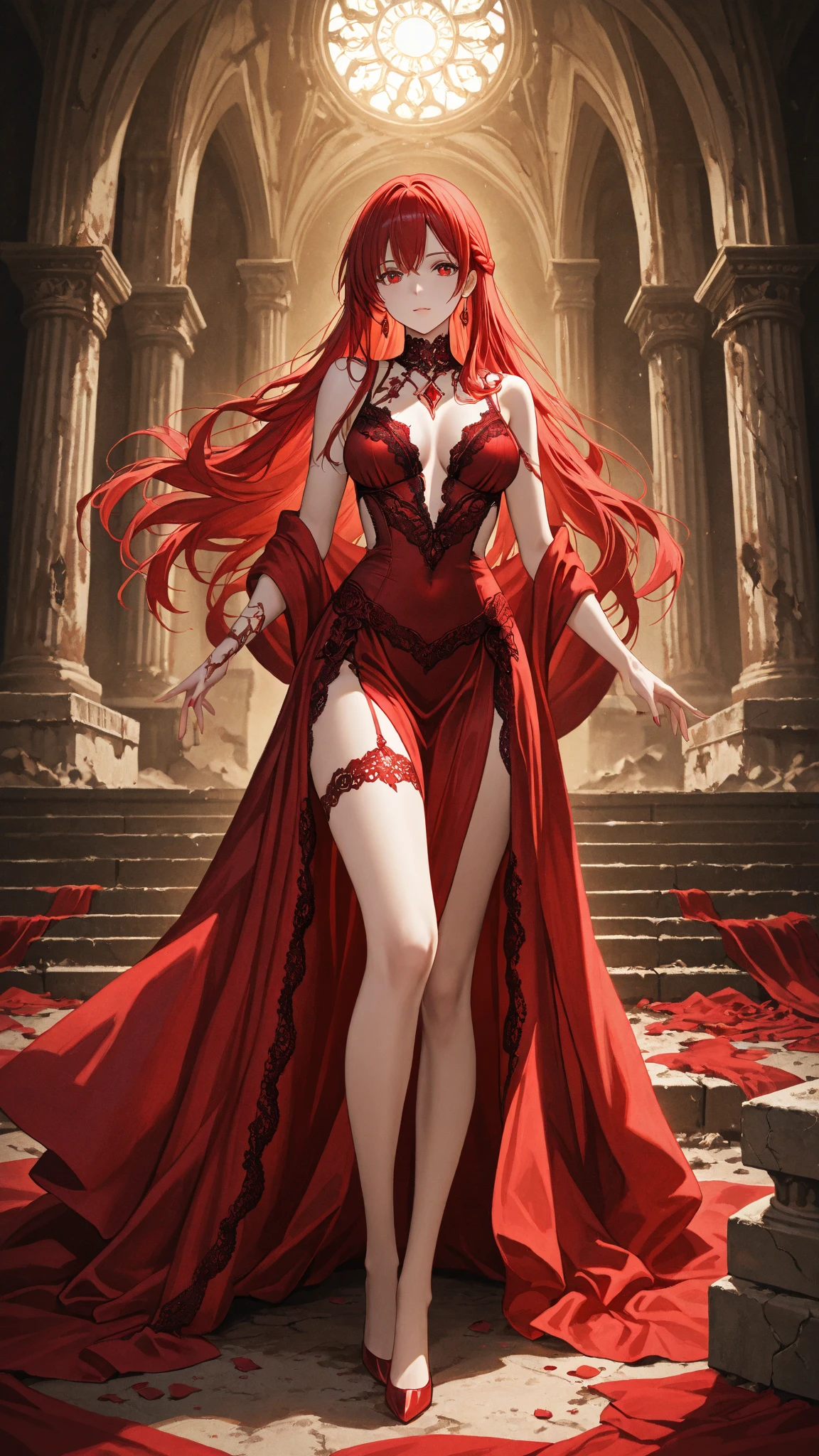 highest quality, ultra high resolution, super detailed, gorgeous, masterpiece, best quality, high resolution finely detailed, extremely beautiful, distinct image, glistening caramel brown skin, piercing golden eyes, curly fiery red hair, slender alluring older woman, 40 years old, elegant long empress dress, (((MILF))), 1 woman, solo, sharp facial features, empress like aura and majesty, symmetrical shaped face, fiery red lips, medium height(174cm), slender and thick, toned body type, Gothic modern city setting