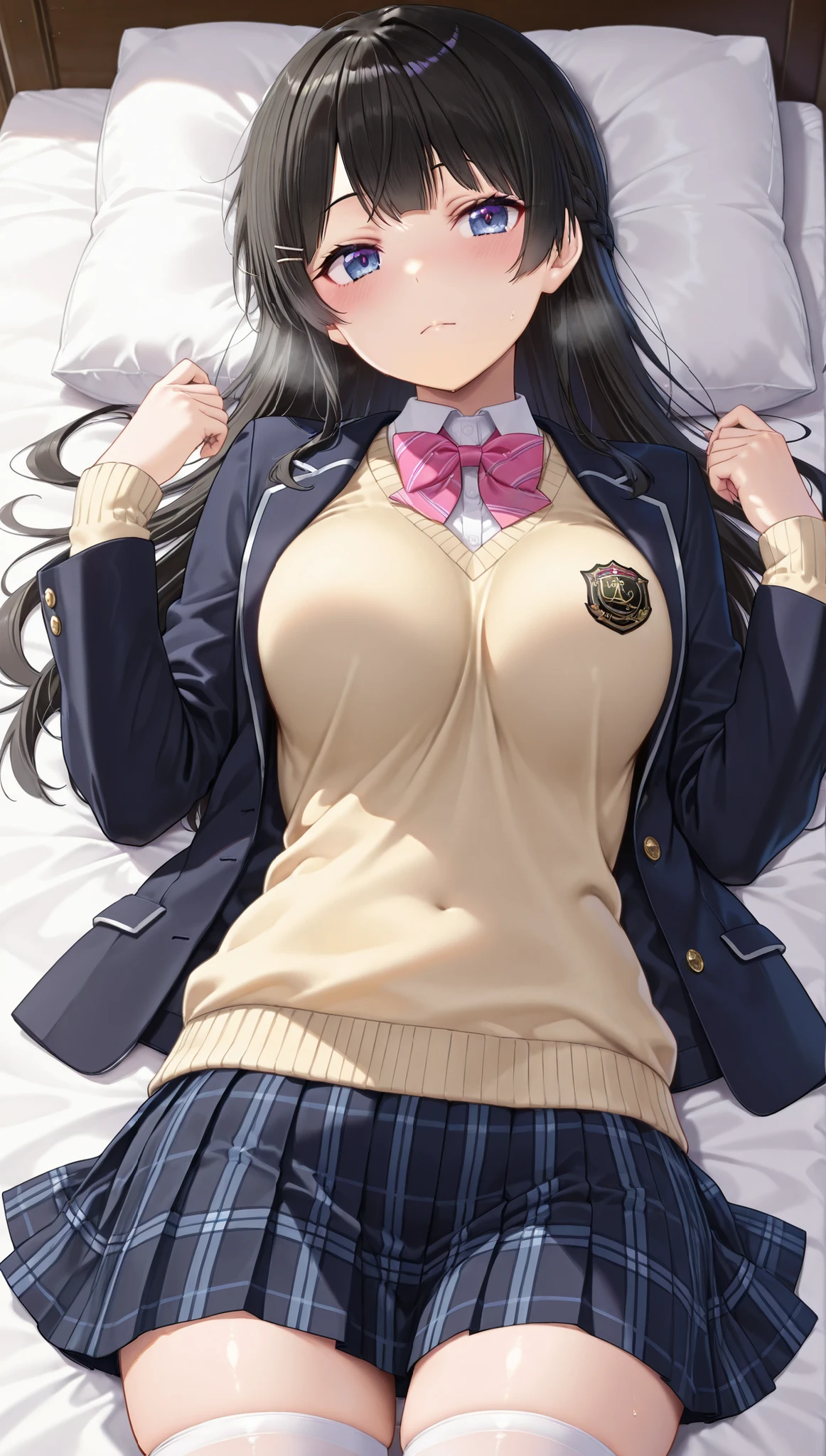 solo,masterpiece,best quality,super fine illustration、finely detail 、clear picture、UHD、HDR, amazing quality, highres, absurdres, very aesthetic, high resolution, ultra detailed, perfect details,(masterpiece, detailed:1.2),nijimito,medium breasts,blue eyes,black hair,long hair,french braid,hair pin,nijimitocos,white shirt,pink bowtie,sweater,black jacket,blazer jacket,closed jacket,plaid skirt,pleated skirt,black skirt,miniskirt,white thighhighs,lie on own back、breasts squeezed together
