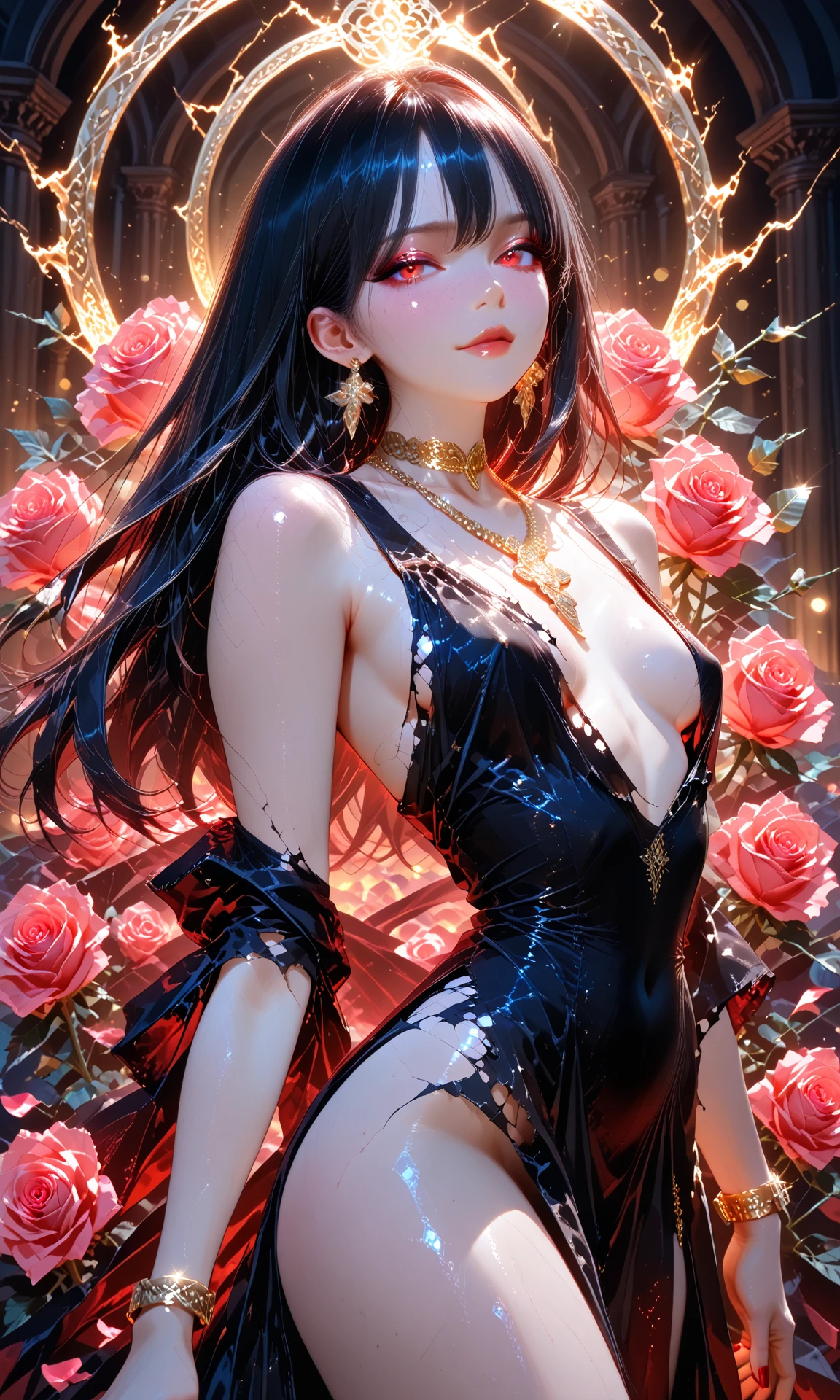 (Masterpiece:1.2), (The best quality:1.2), Perfect lighting, Dark Magician Girl in heels, casting a spell, smiling and floating in the air, big , neckline, magic background. Transparent hearts in the environment, she wears heels and in a bikini ,Alone