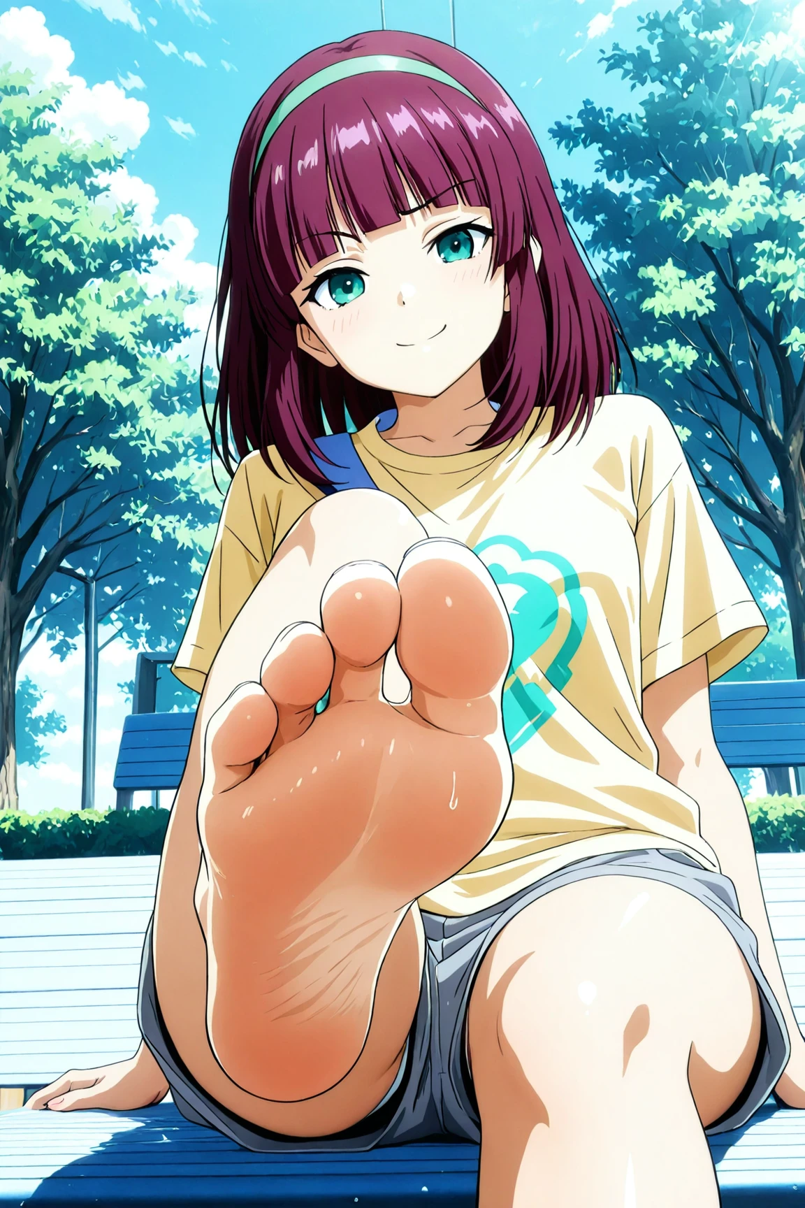 Anime girl sitting on a chair with Big Feet and pink shirt, Huge Art, Foot Art POV, Detailed feet POV, Big Feet, Foot pose, Tifa, Foot Art, !!Very detailed!!, Her slender legs will amaze you......, Naughty anime style, High Sole, High Resolution Rate、barefoot、only、Sweaty Feet, mashin sentai kiramager, to you_ooharu, Kiramei Pink