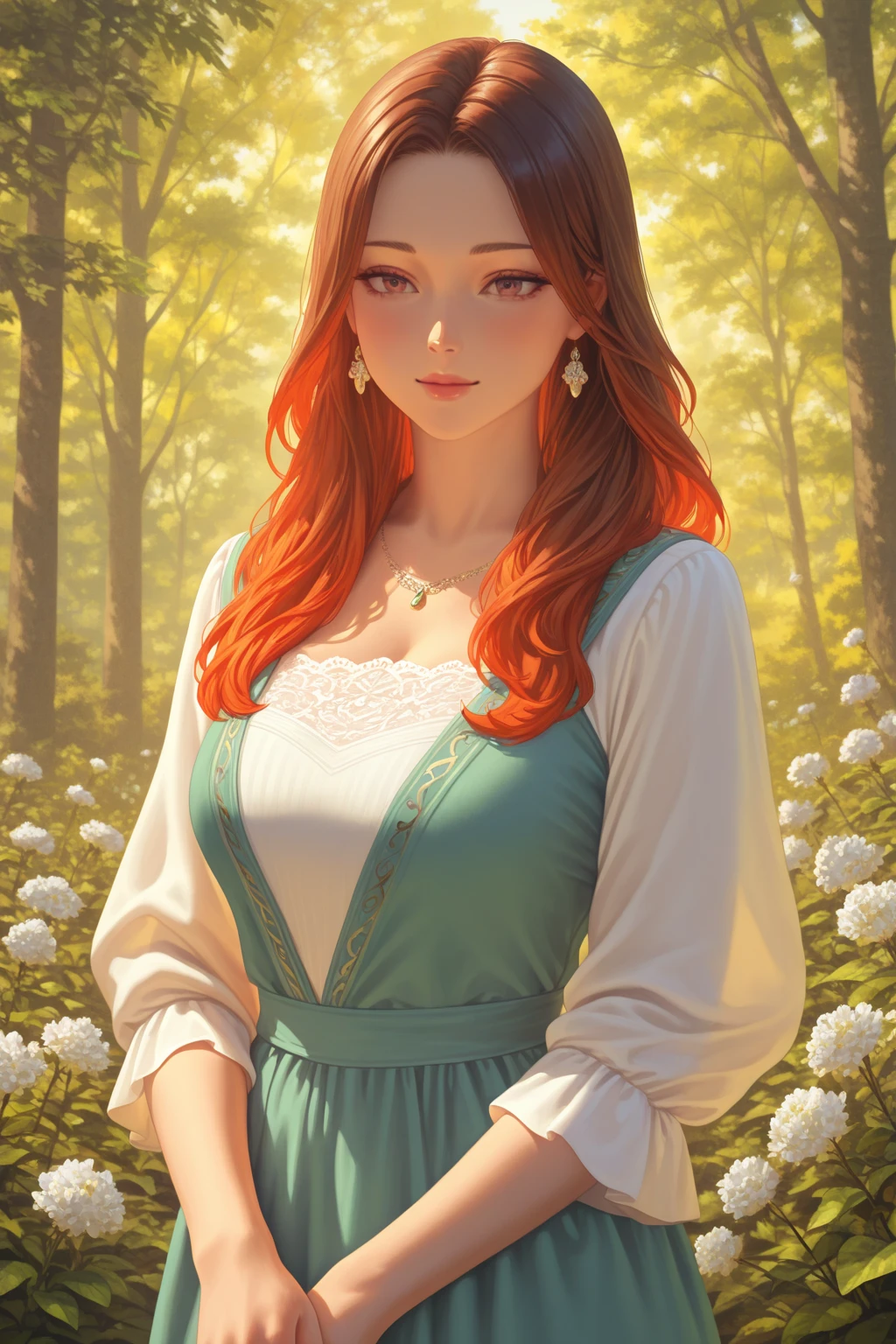Impressionist, 8K, Mid-body, Dreamy, Girl wearing a sheer blouse, Wavy auburn hair, playful smile, cleavage, [Mary Cassatt| Berthe Morisot], in a sun-dappled garden, soft pastel tones, blurred edges, natural light