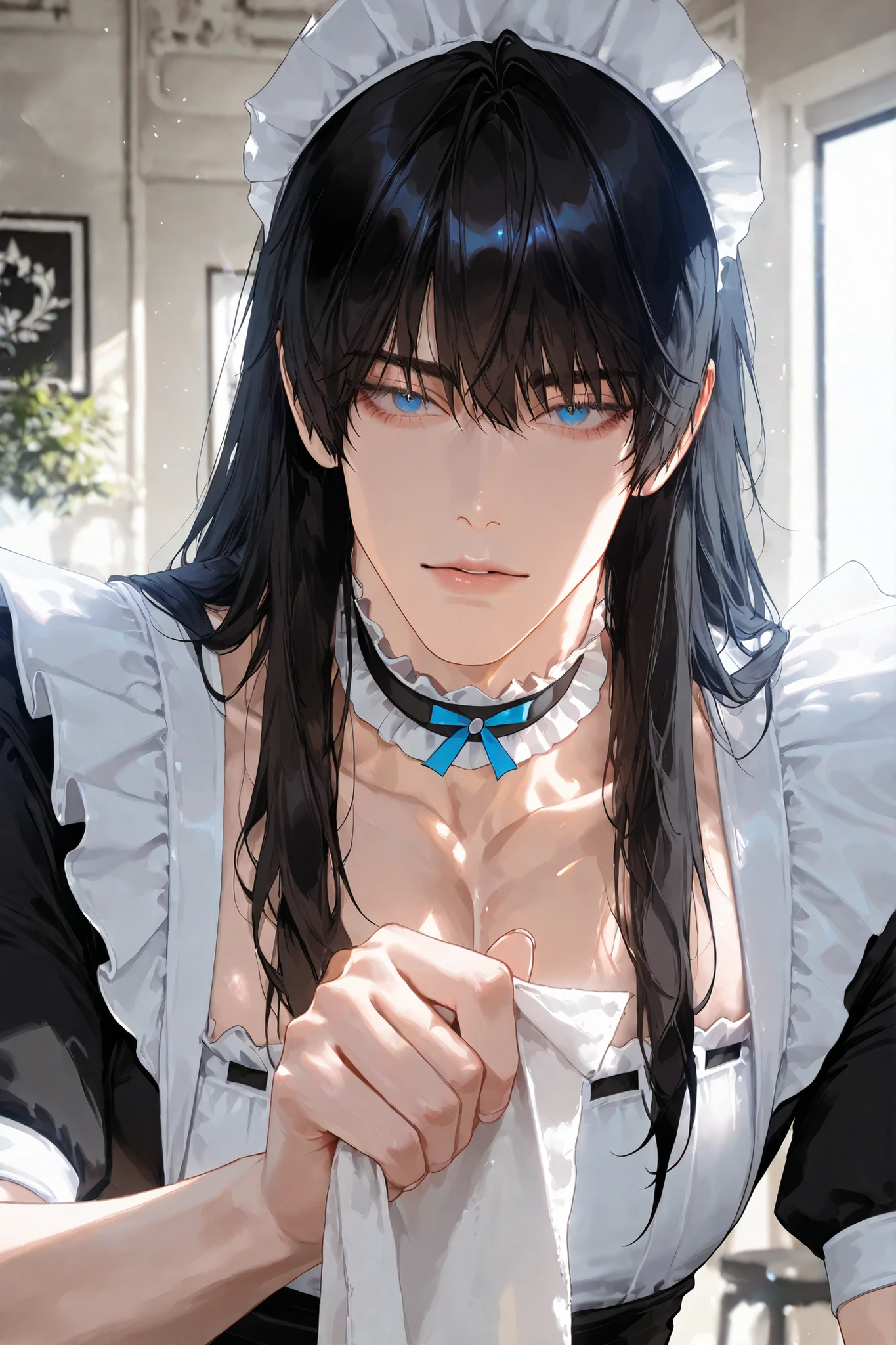 A handsome Korean adult “male“ with “black long hair“ and light detailed eyelashes and blue eyes and a delicate impression is wearing a maid outfit and a frilled choker, dramatic cinematic ambient, semi-realistic, snapshot, dynamic pose, lively expression, “cleaning the house”, hold rag, do working