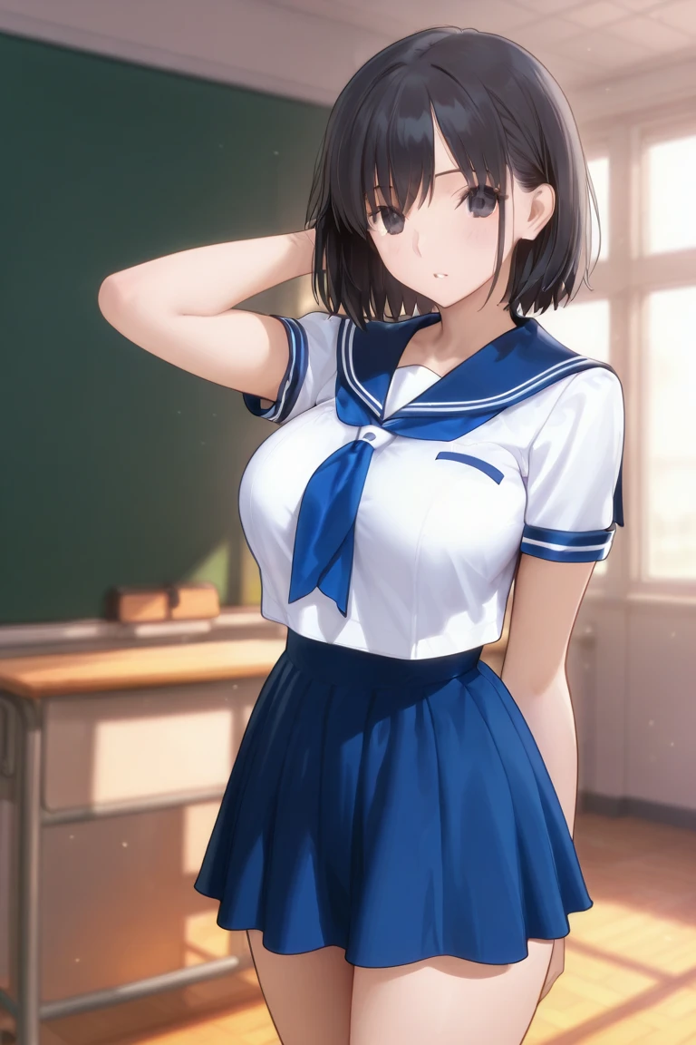 NSFW、(Short sleeve white sailor uniform:1.3)、(Dark blue micro mini skirt dark blue:1.2)、(White string panties:1.2)、Dark blue micro mini skirt dark blue、Mature Woman、Toned body、Big Breasts、(tall、daddy longlegs、175cm)、(quality)）、((masterpiece)）、(これはclassroomでセーラー服を着たセクシーな女子高生のクローズアップショットです:1.4)、(solo:1.4)、(One girl:1.4)、(Very short black hair:1.3)、(Light blue eyes:1.2)、(belly button:1.1)、(Navy collar、Yellow tie)、Dark blue micro mini skirt dark blue、Recommended results、Plump nipples、Stand up straight、Abdominal muscles、Huge bust、Angle to floor:1.2、Low camera angle、School、classroom