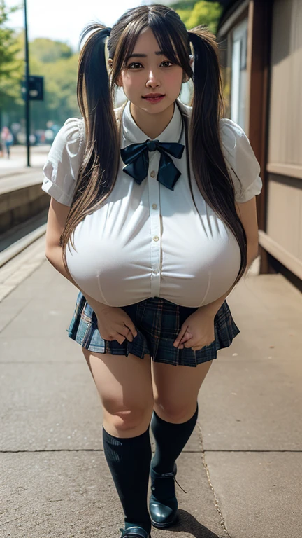 Maisie Williams, 18 years old, schoolgirl outfit, red plaid skirt, mini skirt, white stockings, outside, sunny day, standing in front of school, rubbing belly, blushing, (blushing:1.5), big breasts, breast expansion, (breast expansion:1.5), huge breasts, (huge breasts:1.5), topless, no shirt, bare breasts, bare belly, lactating breasts, lactating, (lactating breasts:1.5), obese belly, (obese belly1.5), flabby belly, obese legs, obese arms, obese hips, thicc,