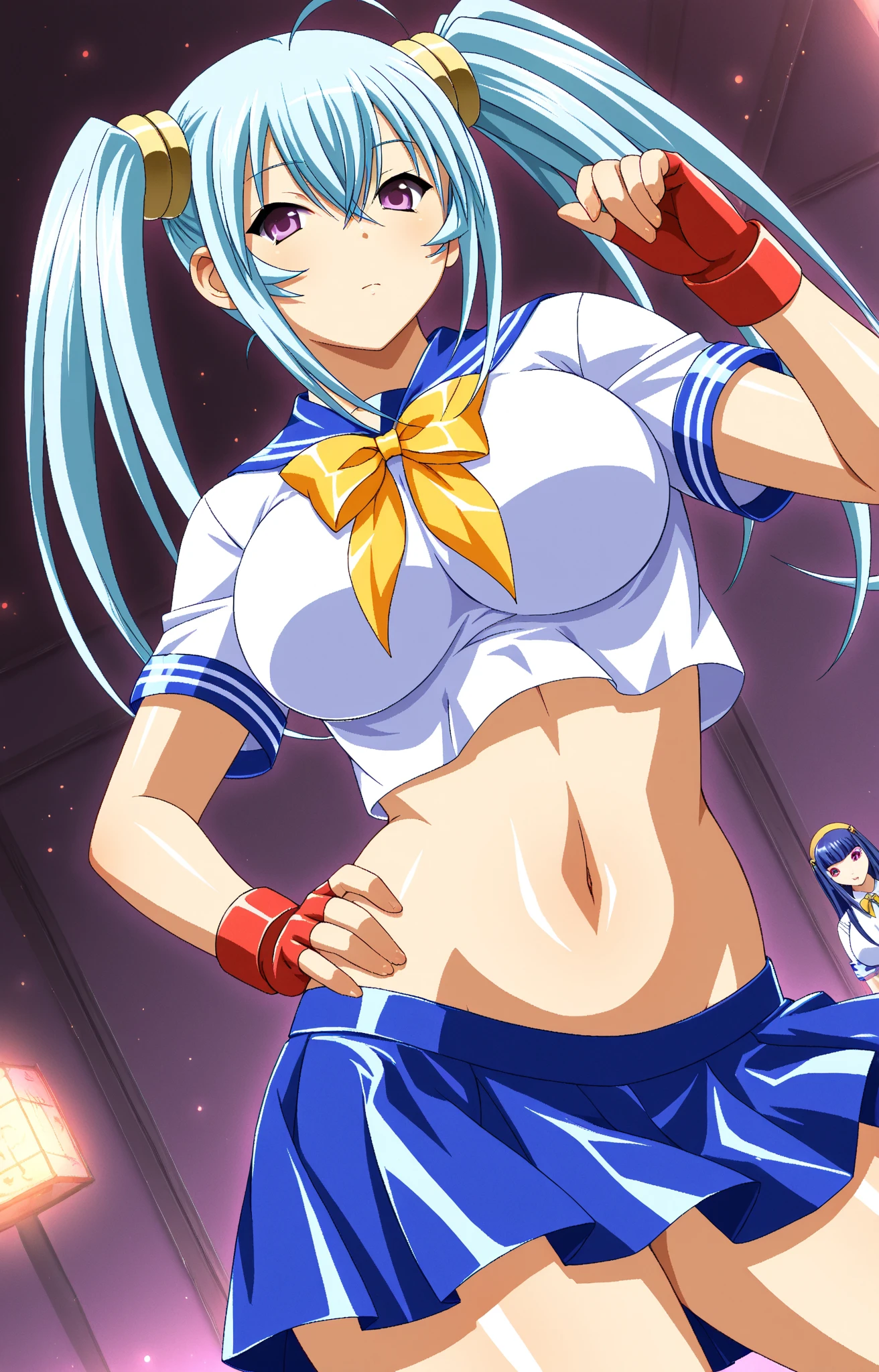 a girl wearing white tracksuit, blue hair, messy long hair, full body, standing, big boob, tall girl, red eyes