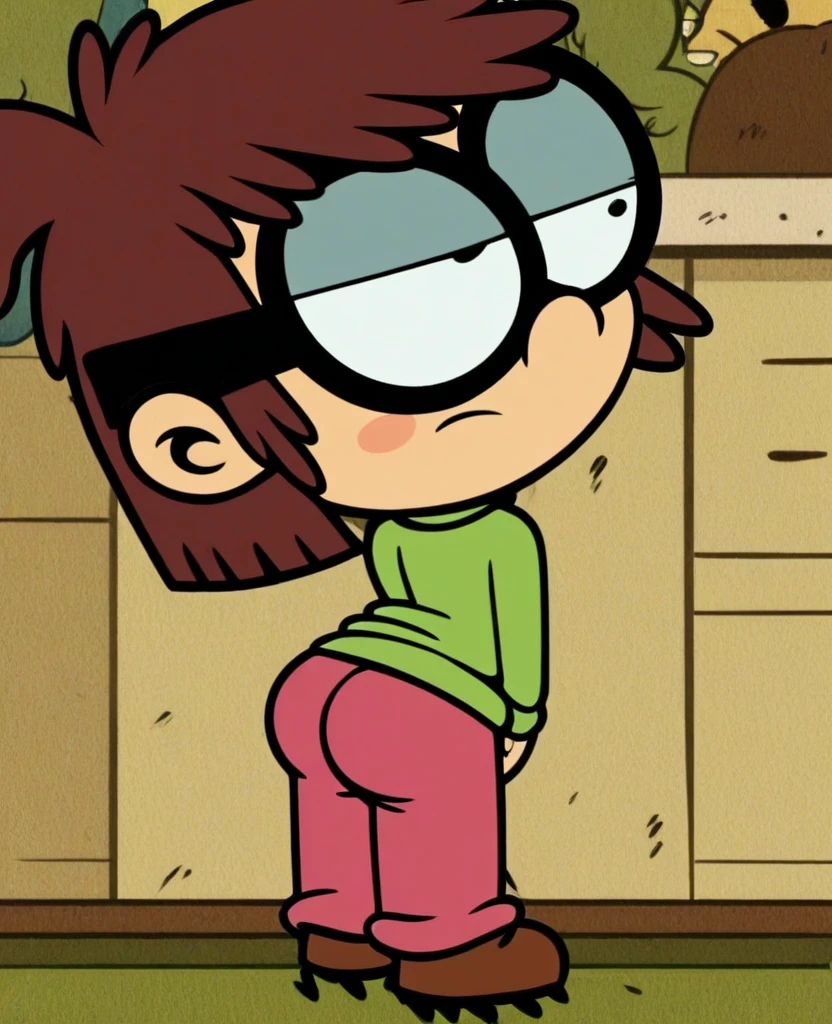isaloud, 1girl, solo, green sweater, red booty shorts, brown footwear, glasses, showing, standing in a bedroom, looking at viewer, brown hair, short, chibi, yellow gas, butt, gassy, fart, pants pulled off, biting lip, closeup, bent over ,panties,