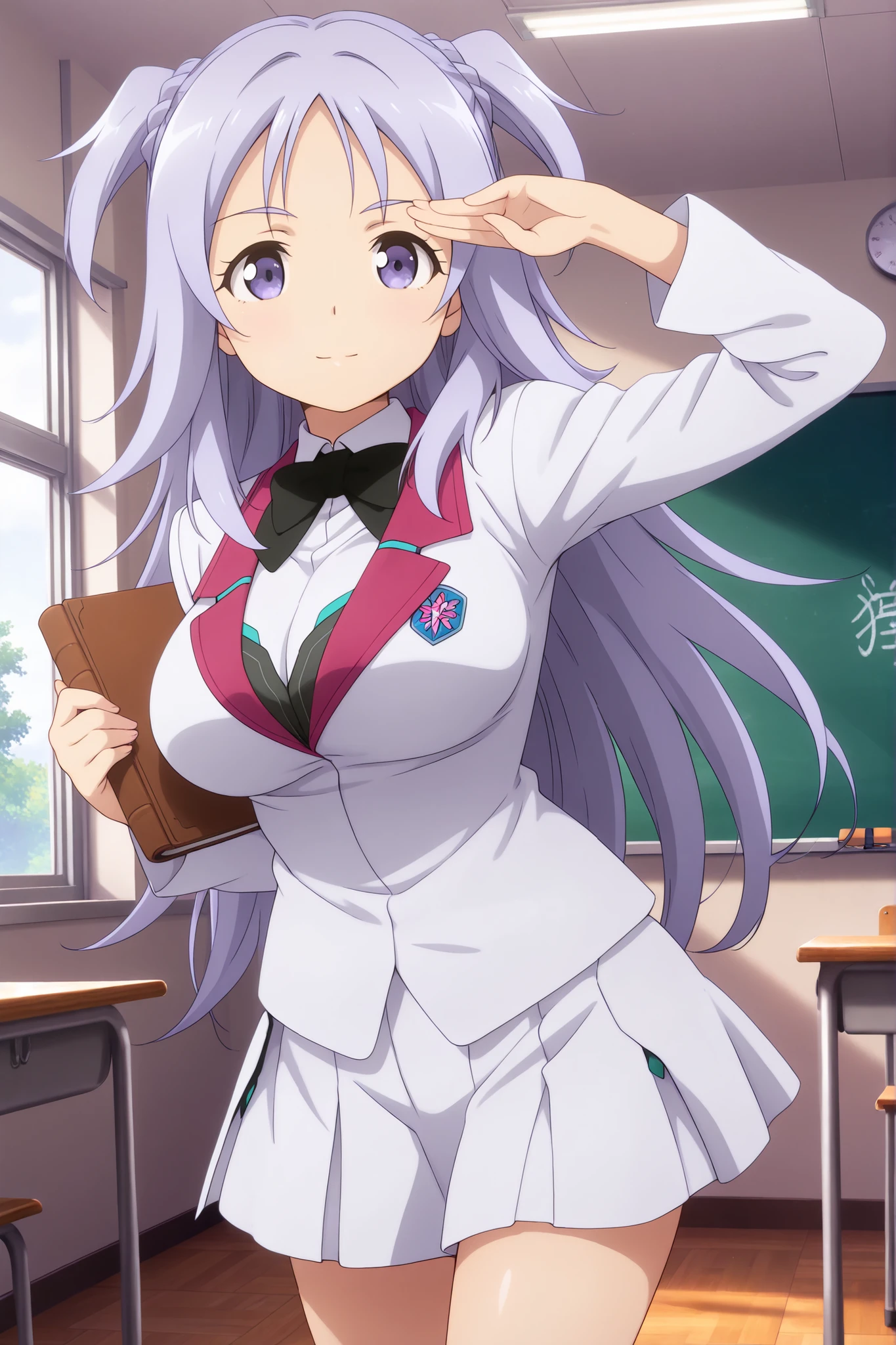 masterpiece, Highest Quality, very aesthetic, absurd, 1girl, purple eyes, Long Hair, purple hair carrying a book, hair between the eyebrows, double sided up, side lock, big breasts, school uniform,,young、Short Height、Transistor Glamour, contrapost, Pose, Classroom, official style, anime style, anime screen capture, Anime Coloring, ,I try to hide my chest with both hands、is in a hurry、